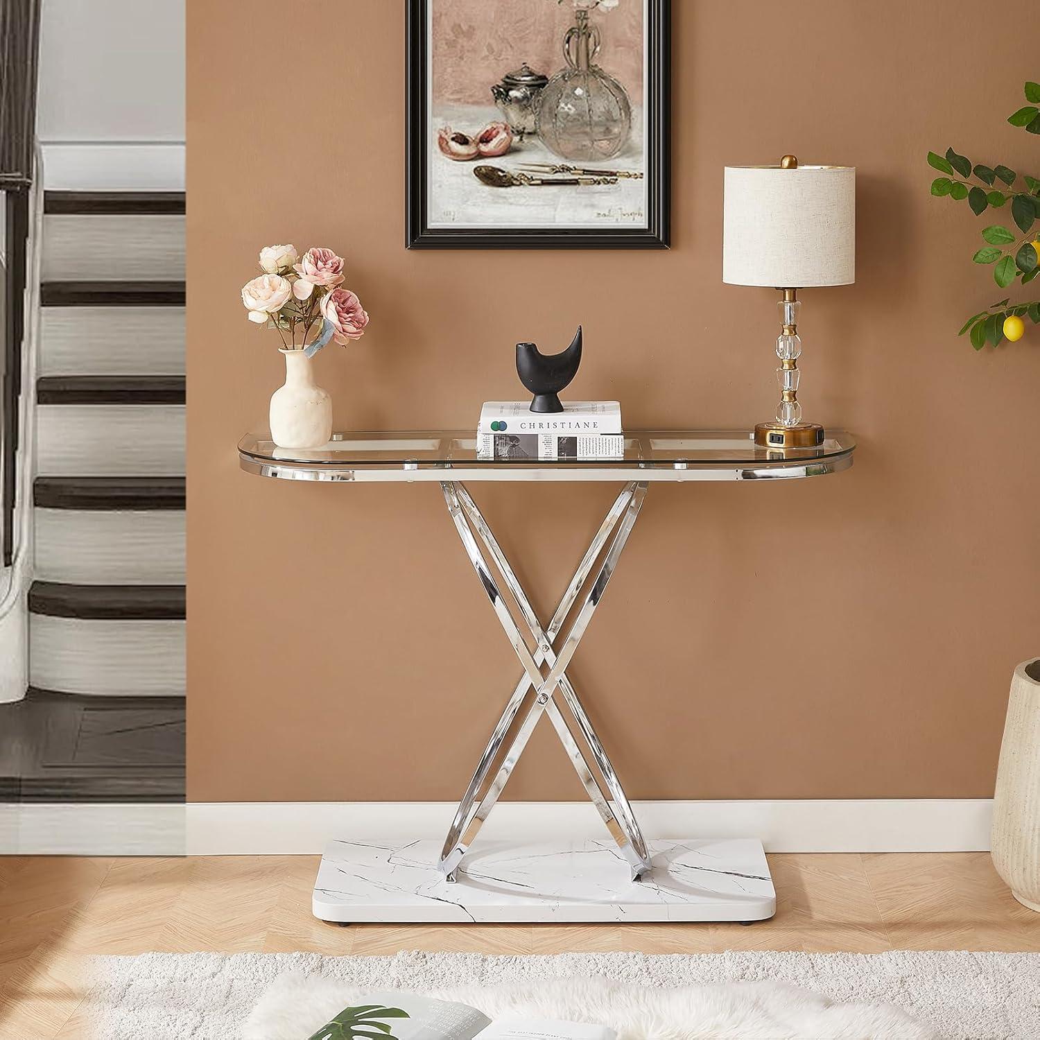 Silver and Clear Glass Console Table with Faux Marble Base