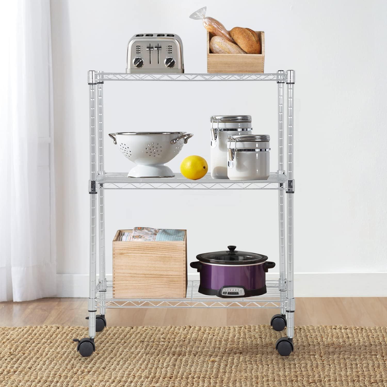 Bestoffice 3 Tier Wire Shelving 23x13 x32 Layer Storage Shelves with Wheels for Small Places,Chrome