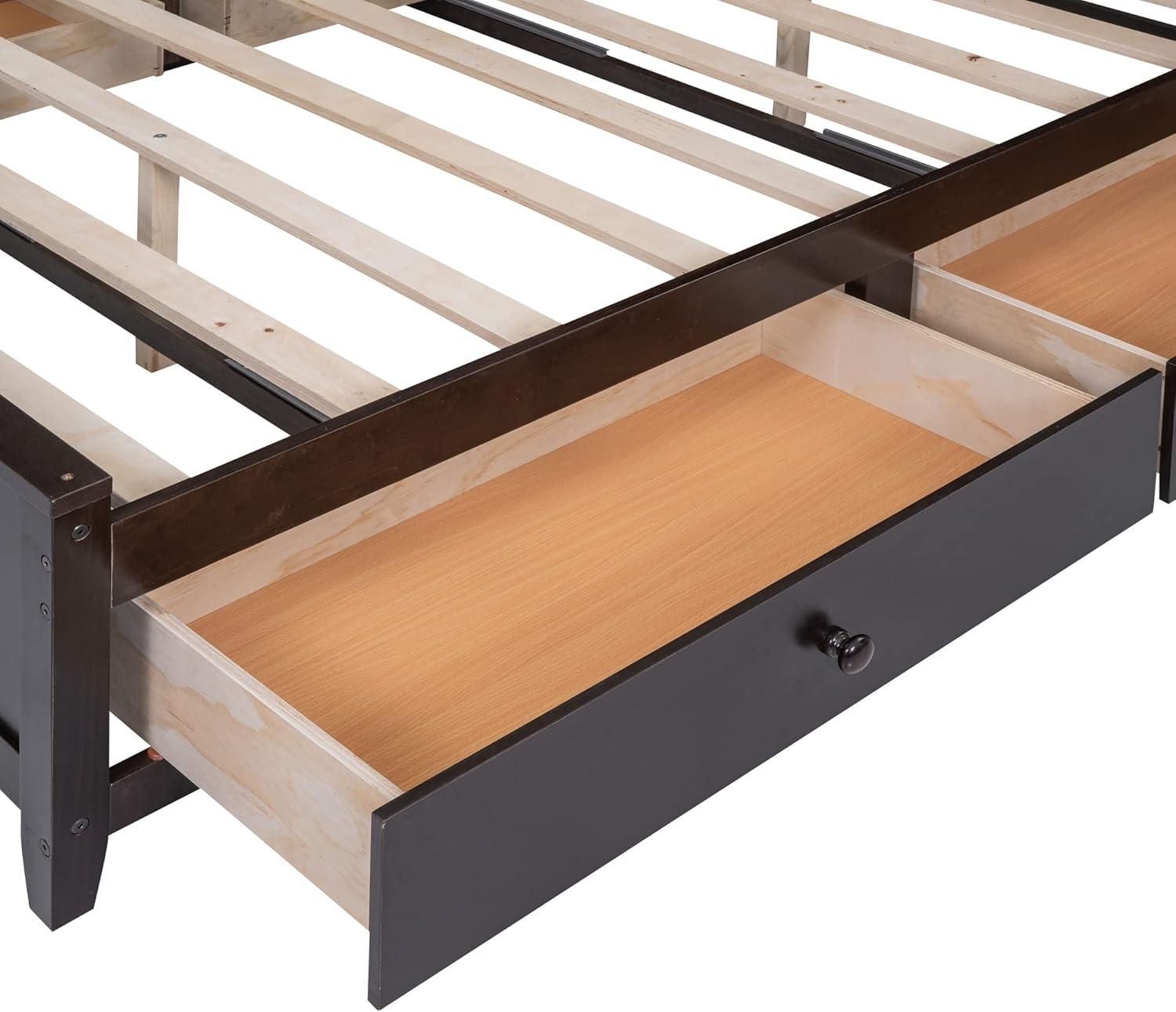 Polibi Full Size Bed Frame Wooden Platform Bed with All-in-One Cabinet and Shelf, 4 Storage Drawers & Wireable Charging Position with Holes,No Box Spring Required,Espresso