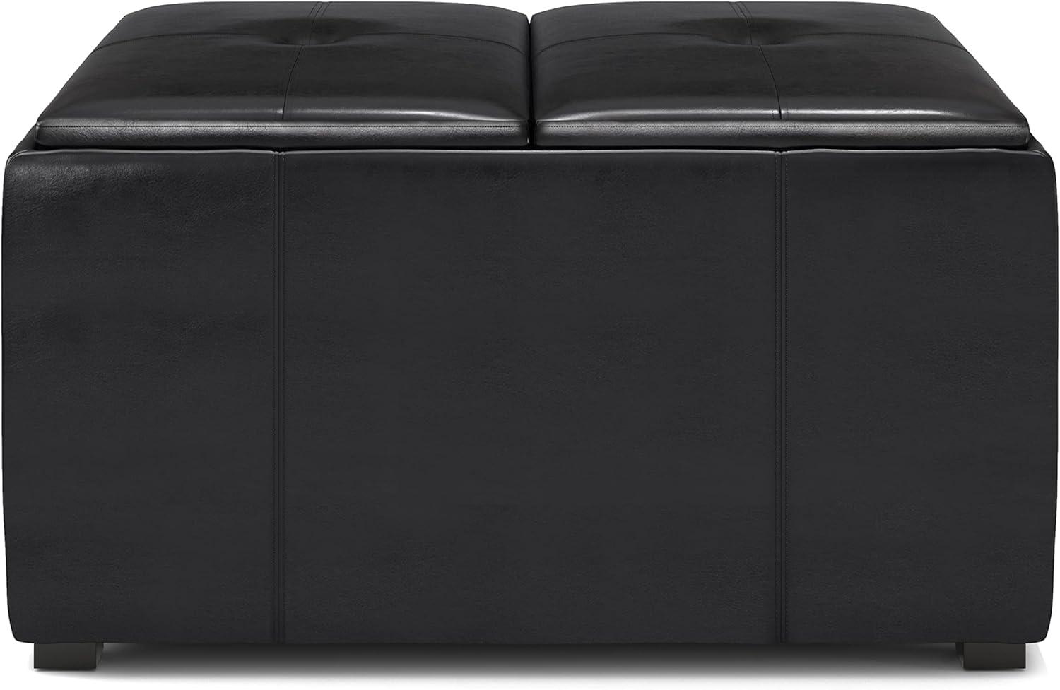 Midnight Black Tufted Faux Air Leather Cocktail Ottoman with Tray