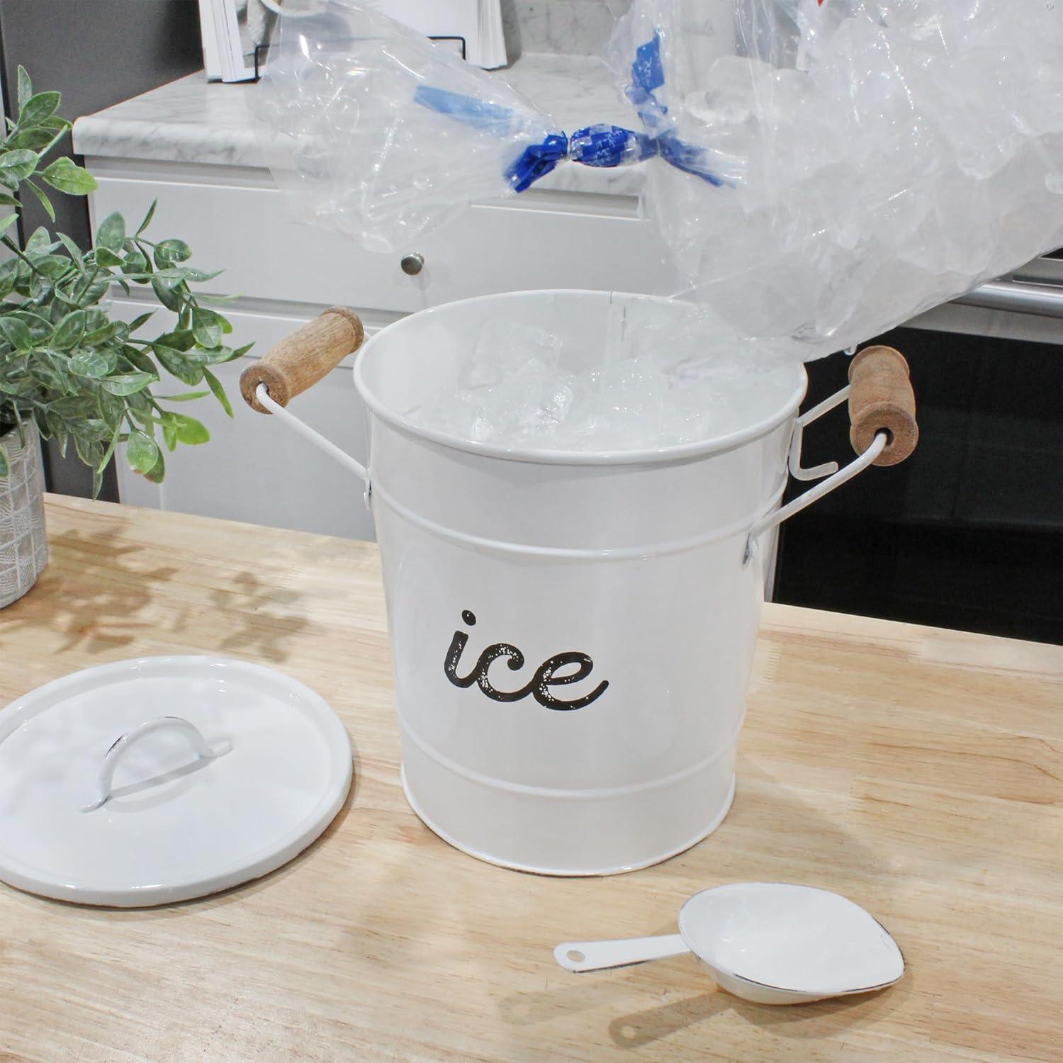 AuldHome Design White Farmhouse Enamelware Ice Bucket; Rustic Style Insulated Ice Server
