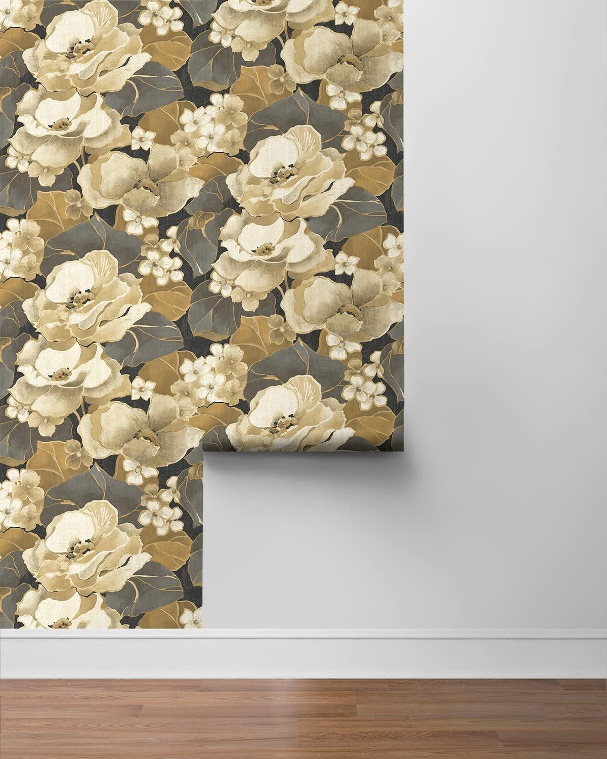 NextWall Ebony & Antique Gold Nouveau Floral Peel and Stick Wallpaper