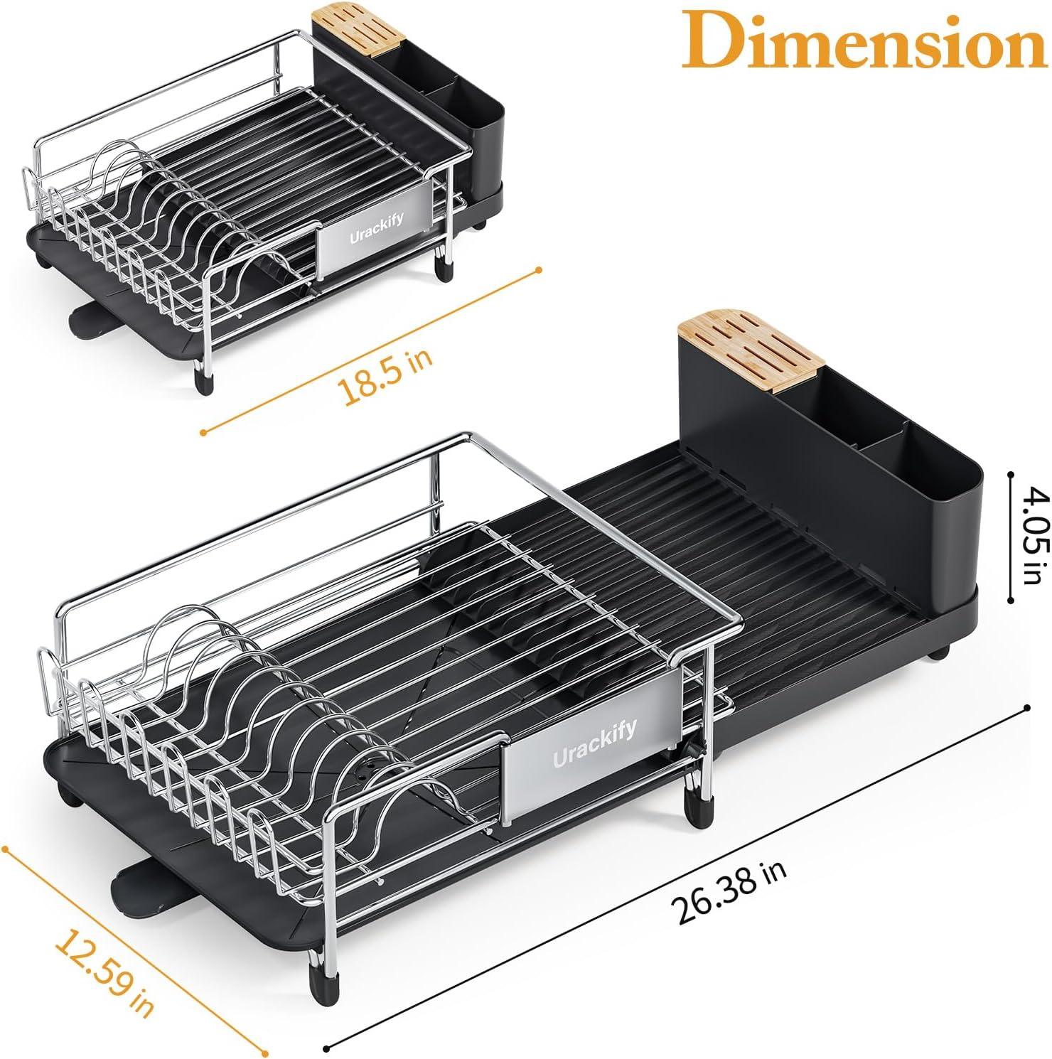 Expandable Stainless Steel Dish Rack with Utensil Cup and Drainboard