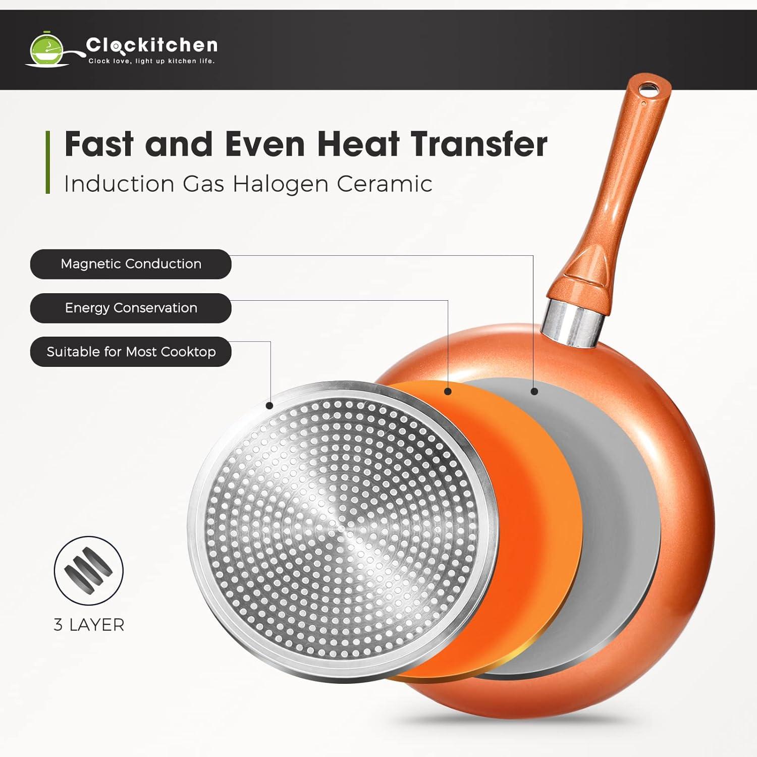 Clockitchen Non Stick Pots and Pan Set, 10pcs Cookware Set with Ceramic Coating, Non-toxic Cooking Pot, Compatible with All Stoves, Copper