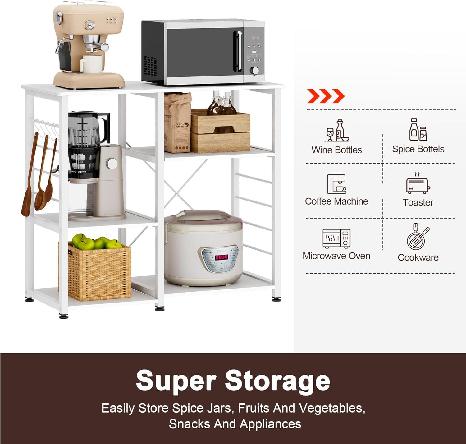 SDHYL Coffee Bar, 35 inch Bakers Rack Microwave Stand with 4 Storage Shelves, Kitchen Shelves Organizers Bakers Racks with Storage, Microwave Table Coffee Station Table for Home Kitchen, White