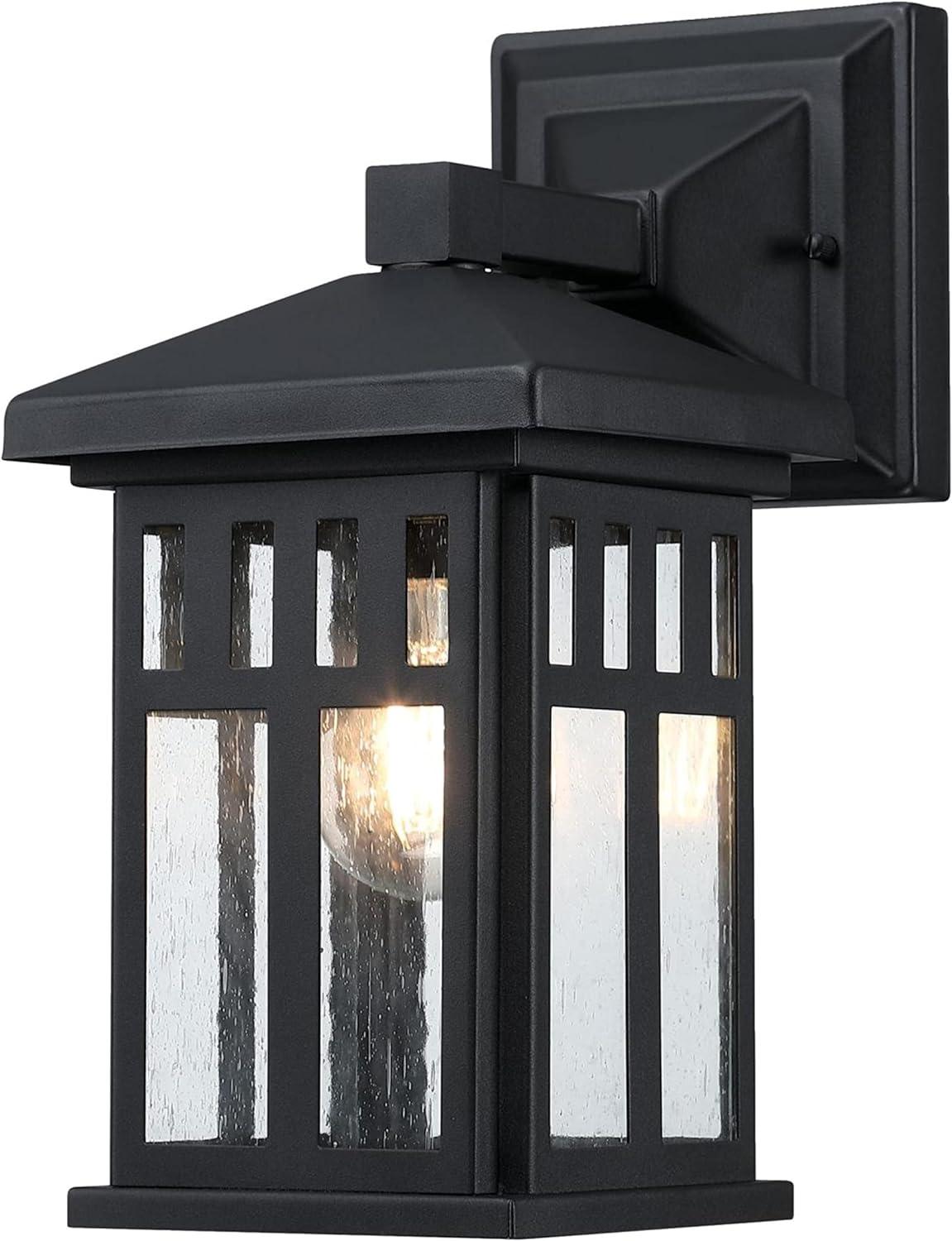 Textured Black Craftsman Outdoor Wall Sconce with Seeded Glass