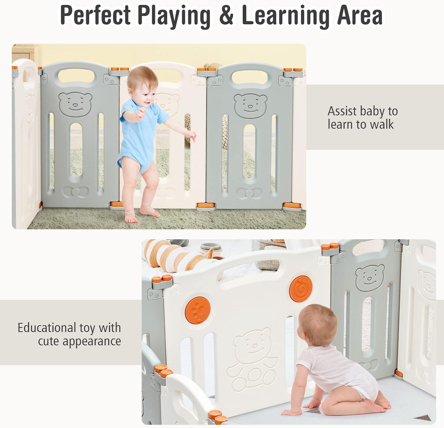 Costway Foldable Baby Playpen 14 Panels Kids Activity Play Yard Anti-slip Suction Cups Upgraded Safety Lock Safety Play Center for Babies & Toddlers