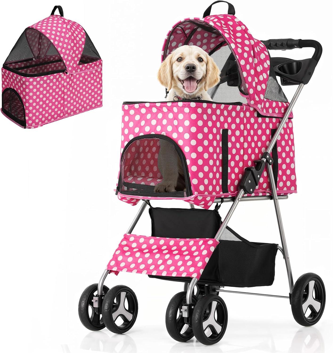 3-In-1 Pet Stroller Foldable Pet Stroller With Weather Cover Storage Basket For Dog Cat