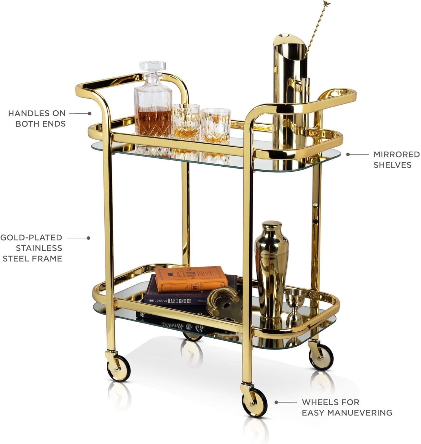 Viski Stainless Steel Kitchen & Bar Cart w/ Wheels & Mirror Shelves, Gold Finish