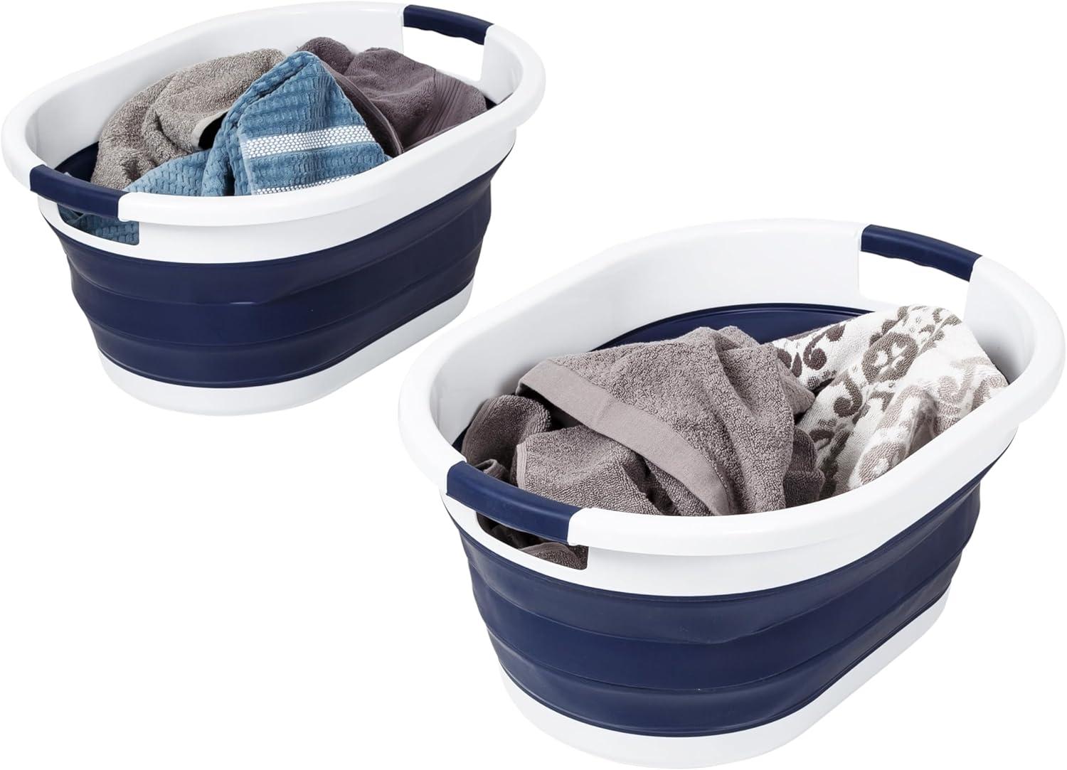 Honey-Can-Do Set of 2 Collapsible Hampers Navy Blue/White