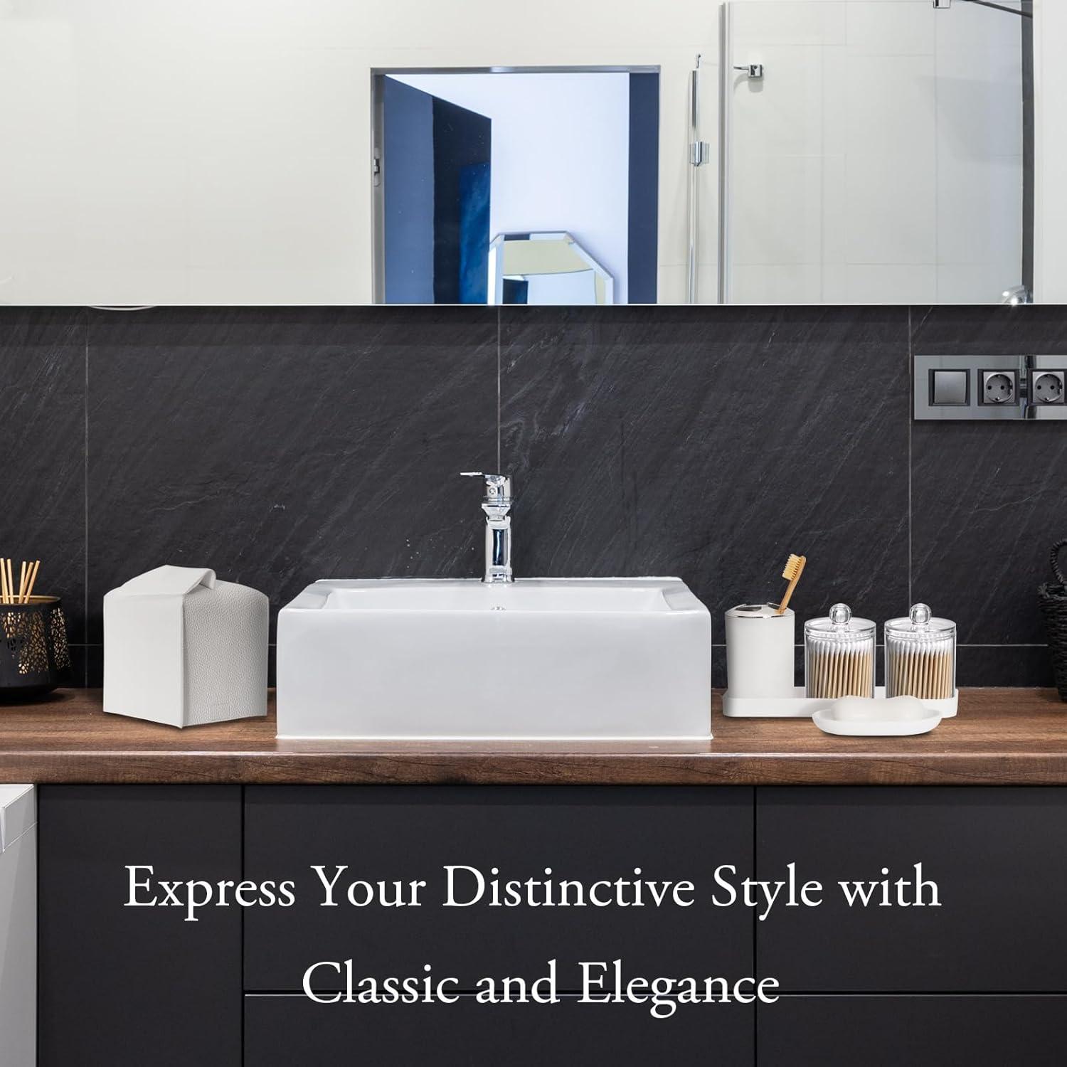 Bathroom Accessory Set - 10 PCS White Bathroom Accessories Sets Complete with Trash Can, Toothbrush Holder, Soap Dispenser, Soap Dish, Toilet Brush & Holder, Vanity Tray, Qtip Holder, Tissue Box Cover