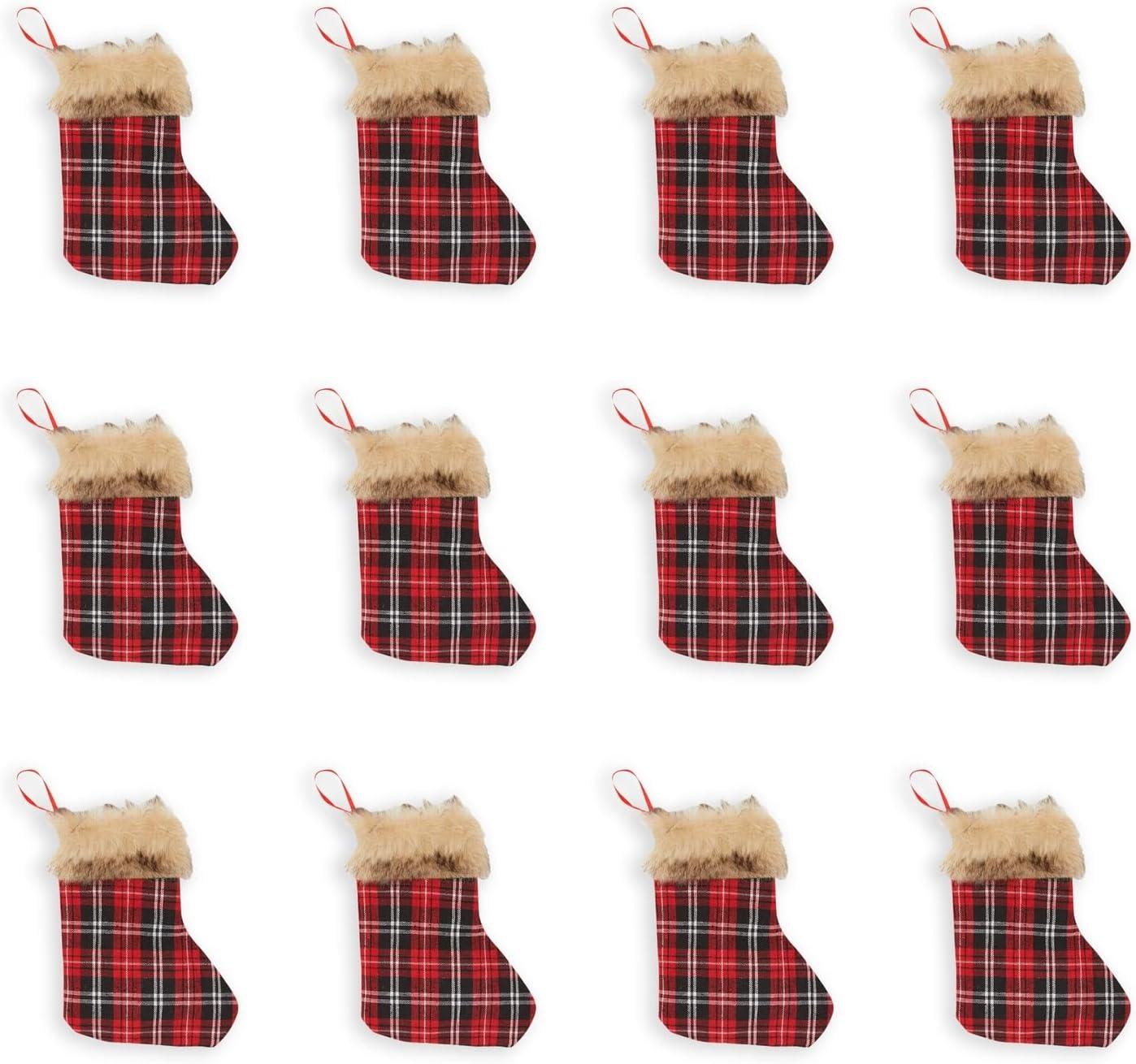 Okuna Outpost 12 Pack Mini Christmas Stockings, Red Buffalo Plaid Holiday Decor (6 x 8 in)