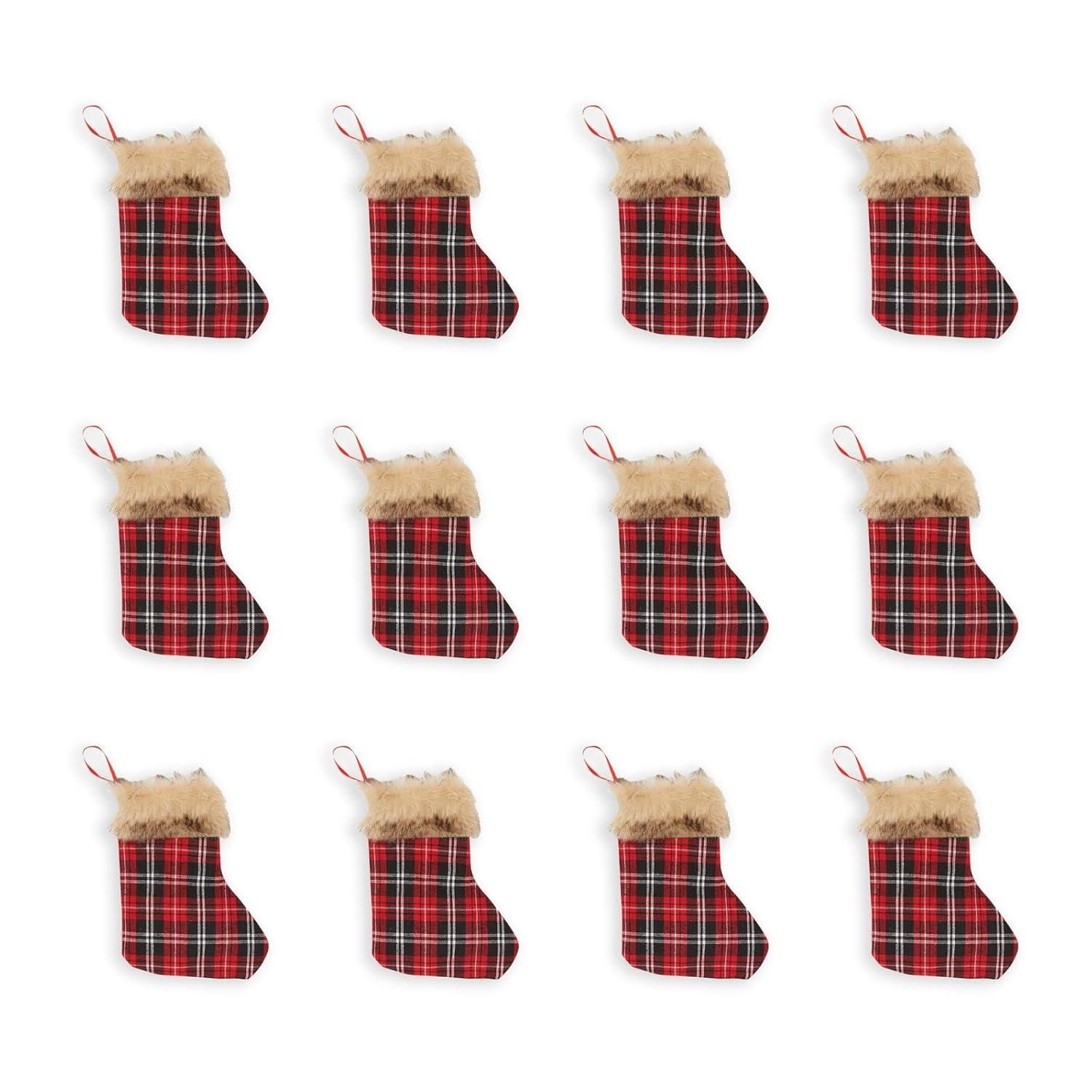 Okuna Outpost 12 Pack Mini Christmas Stockings, Red Buffalo Plaid Holiday Decor (6 x 8 in)