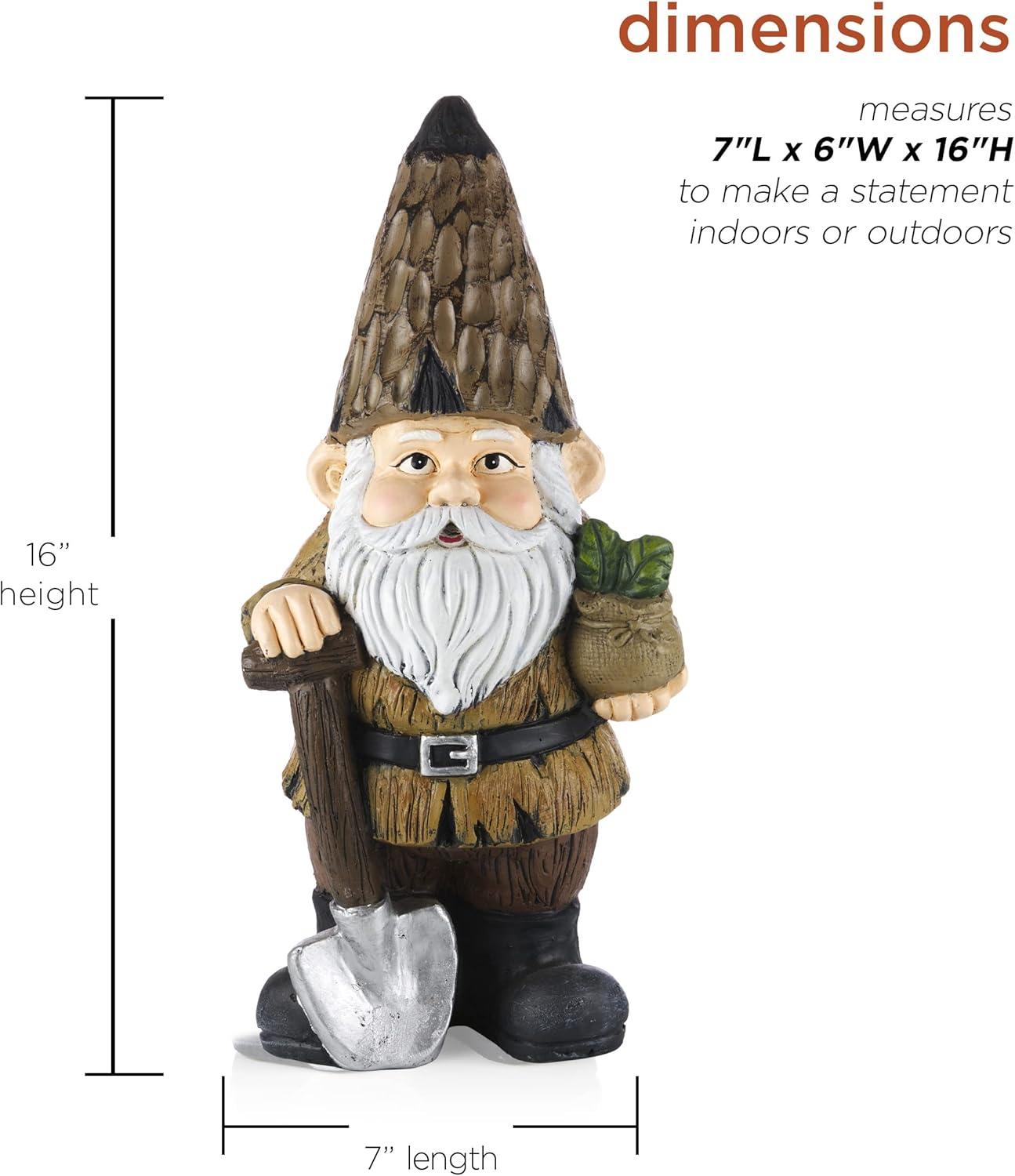 Alpine Corporation 7" x 6" x 16" Polystone Gnome with Shovel Garden Statue, Brown