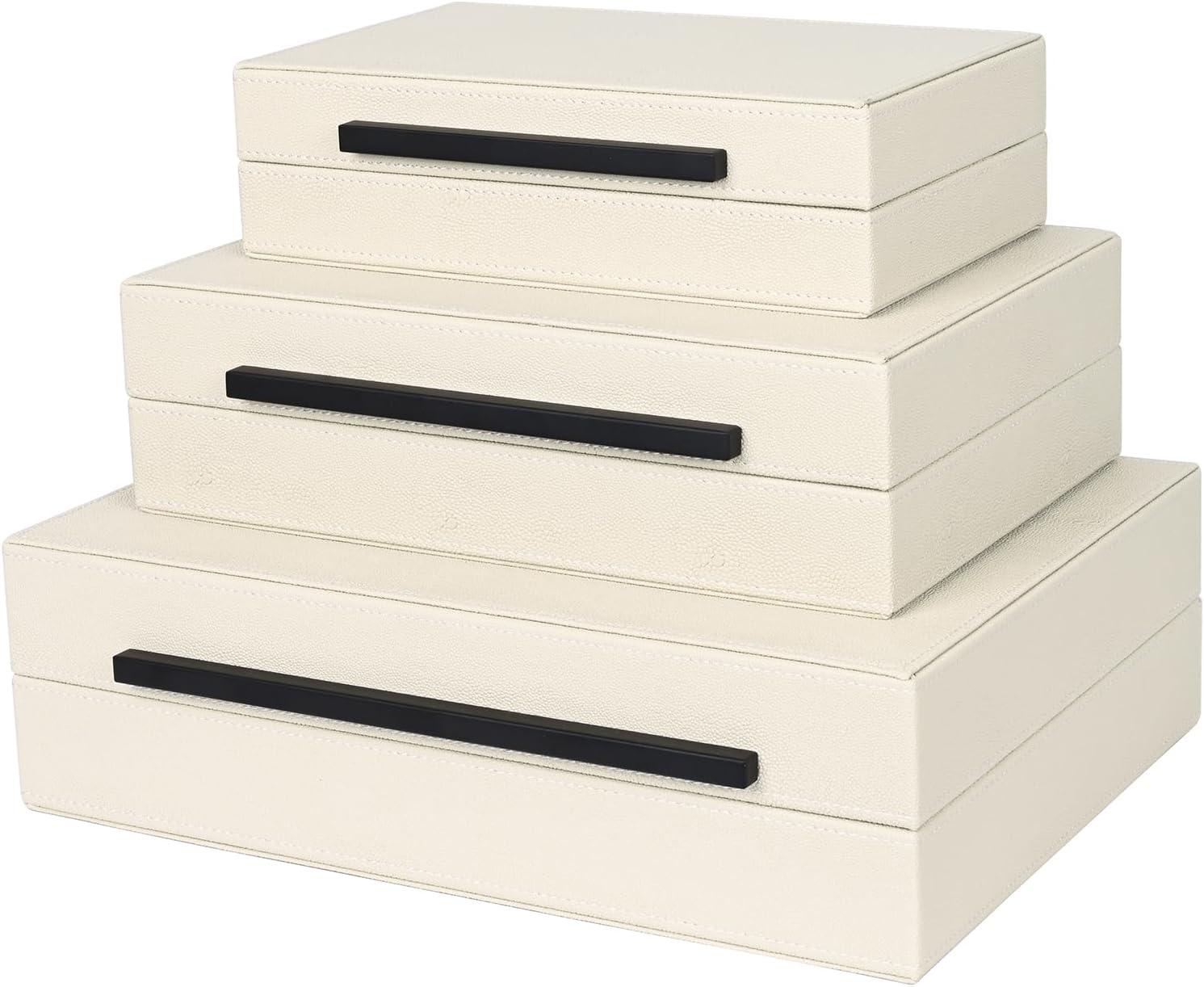 Faux  Leather Decorative Jewelry Storage Nesting Organizer Boxes with Lids Gold Handle Set of 3, Black