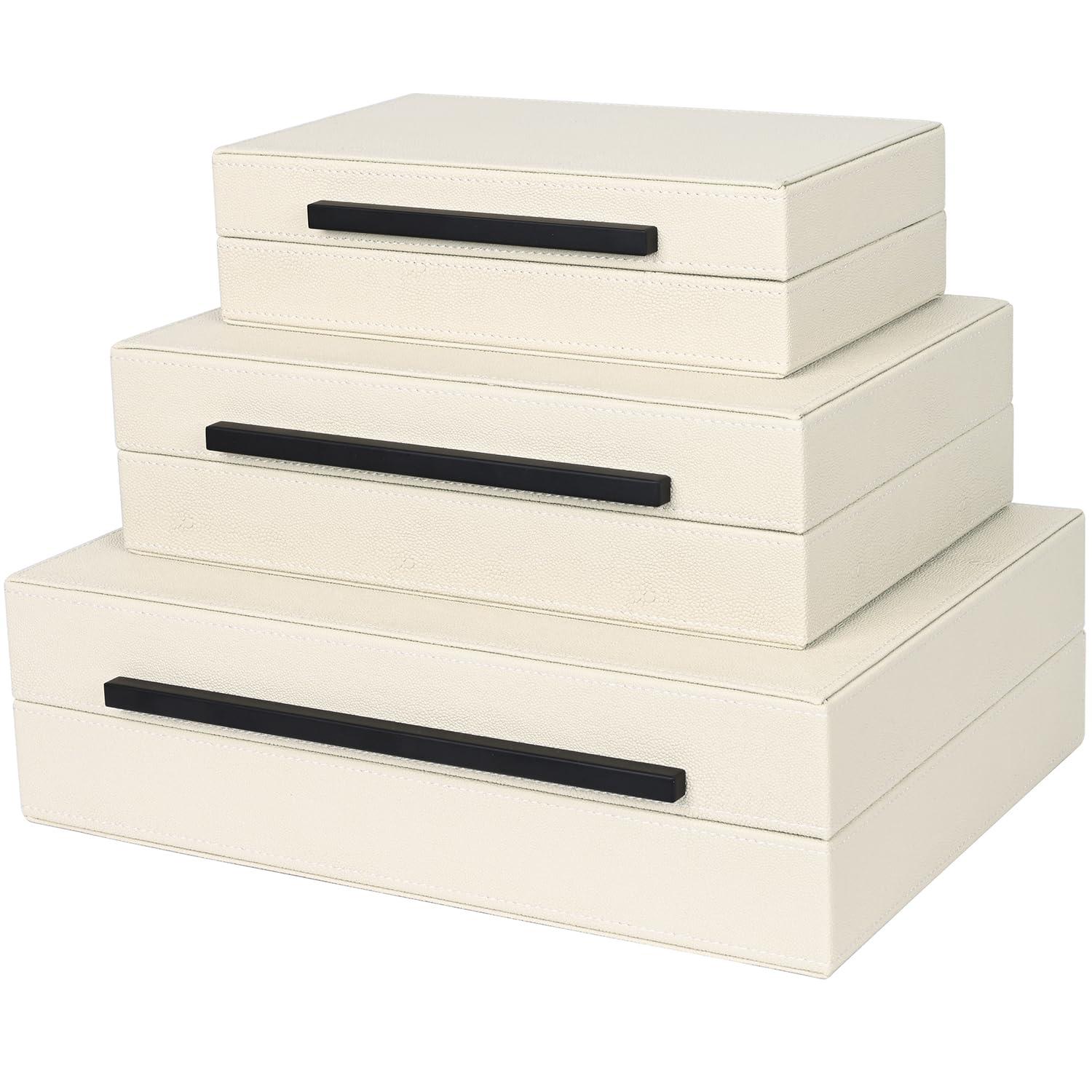 Faux  Leather Decorative Jewelry Storage Nesting Organizer Boxes with Lids Gold Handle Set of 3, Black