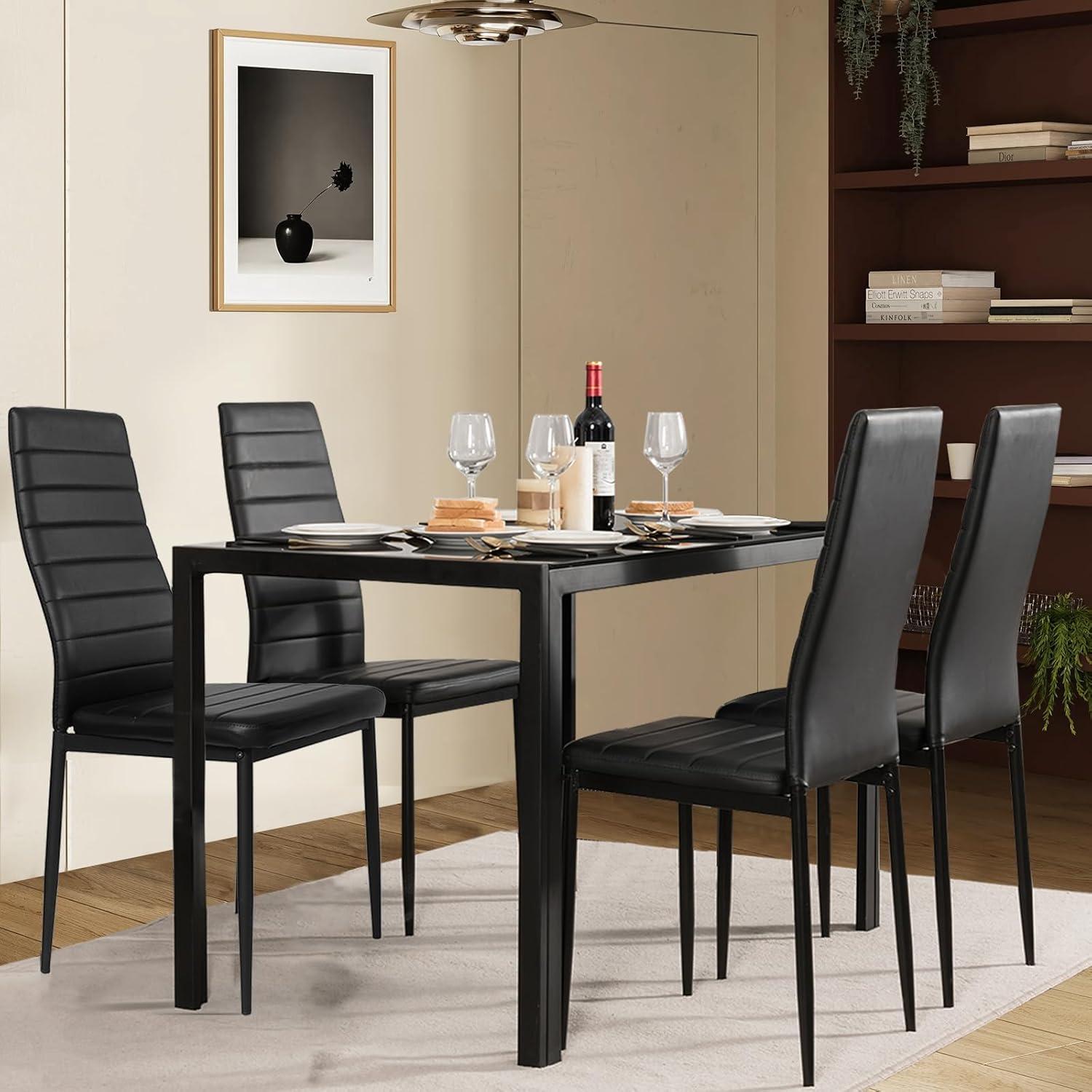 Black High Back Upholstered Leather Dining Chairs with Metal Legs, Set of 4