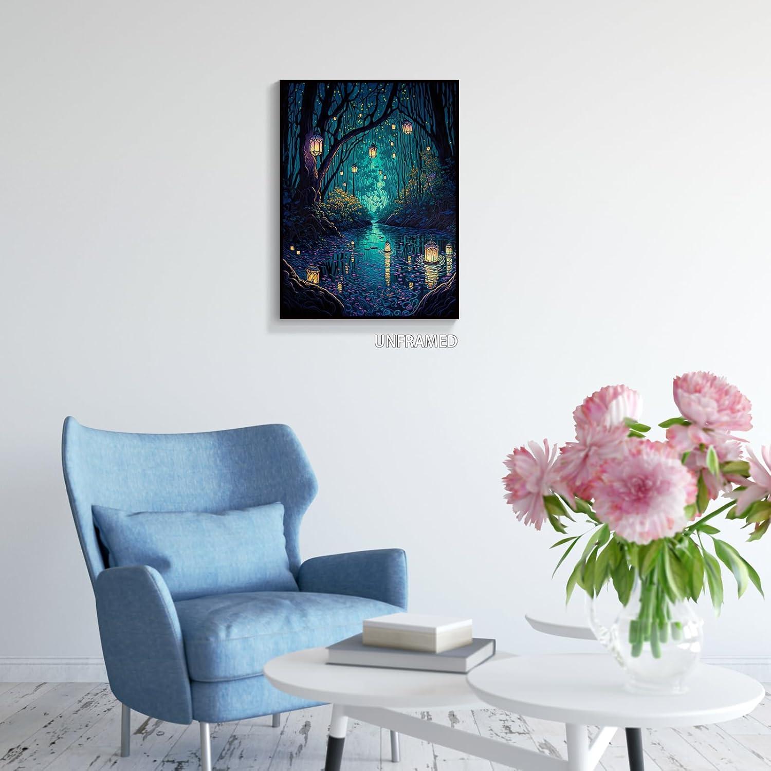 Fantasy Blue Forest Lanterns Canvas Wall Art 16x24