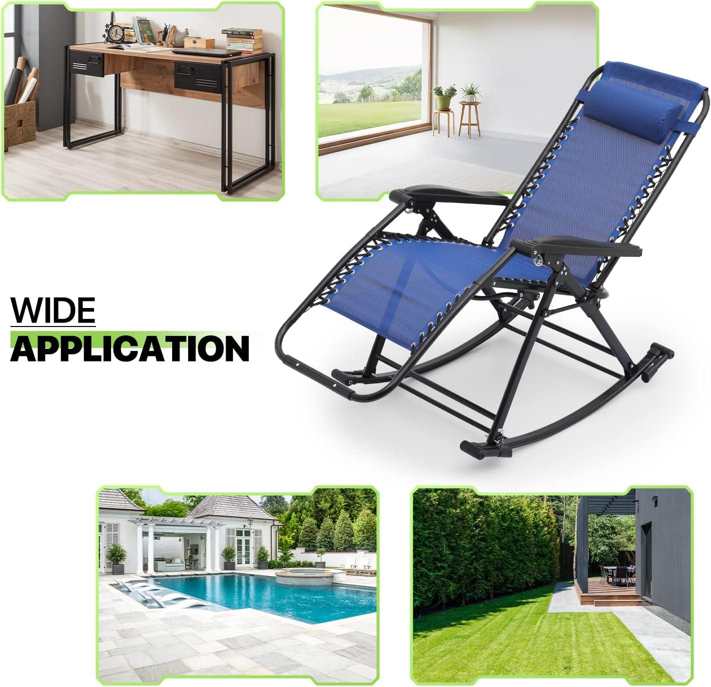 Magshion Set of 2 Zero Gravity Lounge Chairs, Adjustable Rocking Chairs with Pillow, Outdoor Beach Portable Foldable Recliner, Folding Lounge Rocker, Black