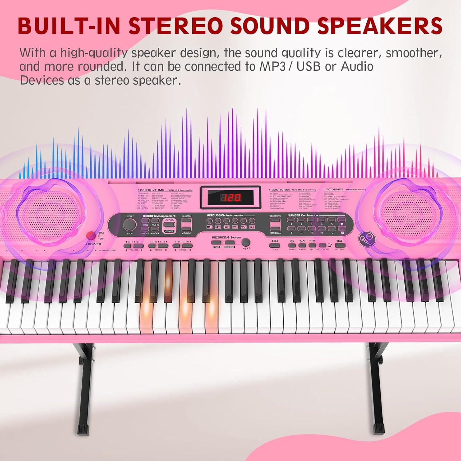 Fenbeli 61 Key Piano Keyboard with Lighted Keys Electric Keyboard Kit with Stand, Bench, Headphones, Built-in Speakers, Pink