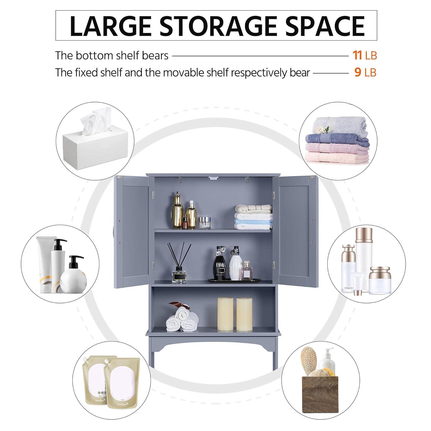 Yaheetech Over The Toilet Bathroom Cabinet with 2 Doors & Adjustable Shelf, Free Standing Toilet Rack Space-Saving, L24.5xW9xH66 Inches, Grey