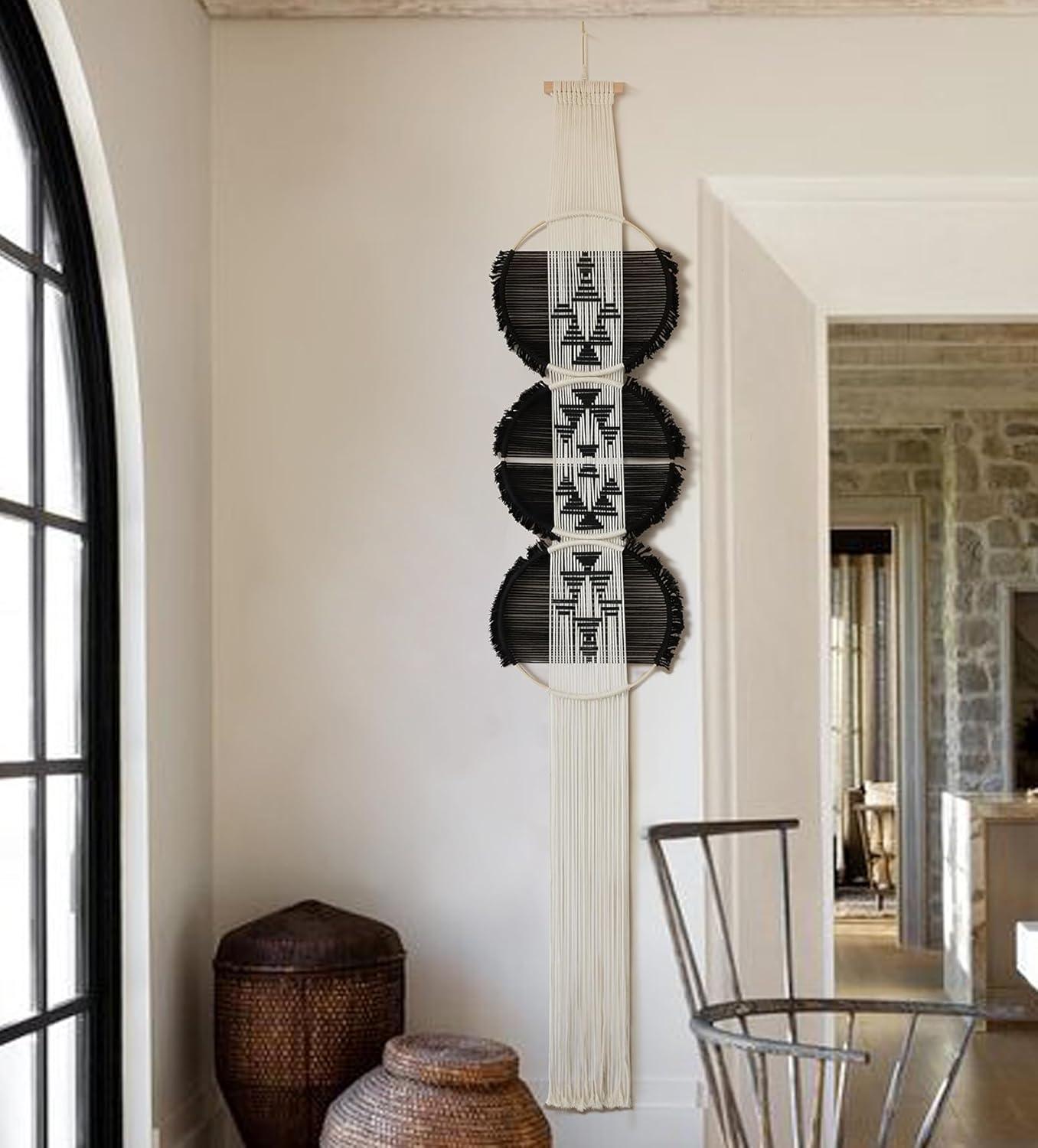 Flber Macrame Wall Hanging black and white Boho Wall Decor Art Living room wall art Round Handmade Geometric Lines Home Décor