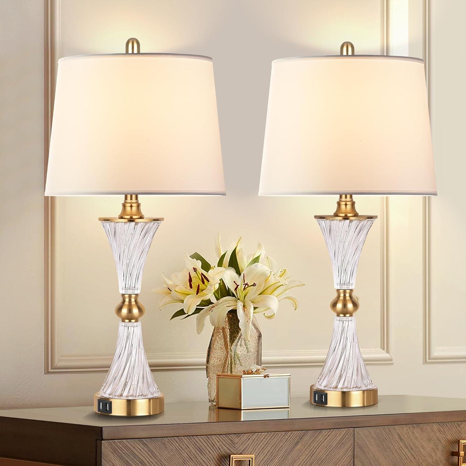 Gold and Crystal 3-Way Touch Control Table Lamps with USB Ports, Set of 2