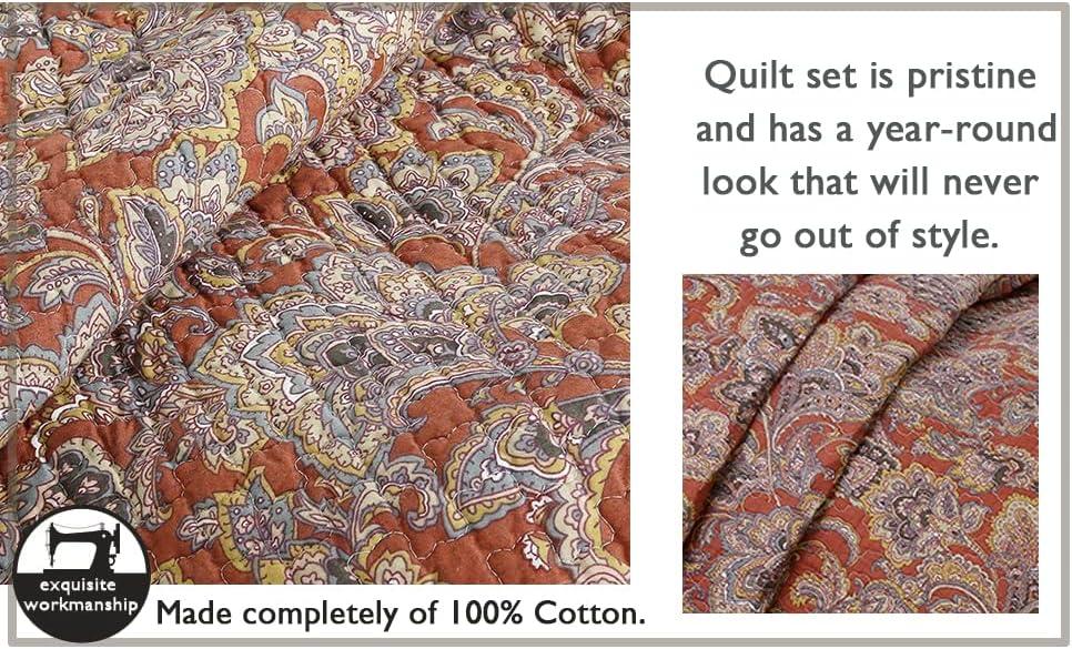 Cozy Line Home Fashions Red Orange Vintage Reversible 100% Cotton 3-Piece Quilt Bedding Set, Coverlet Bedspread (Lara Spice Paisley, Queen - 3 Piece)