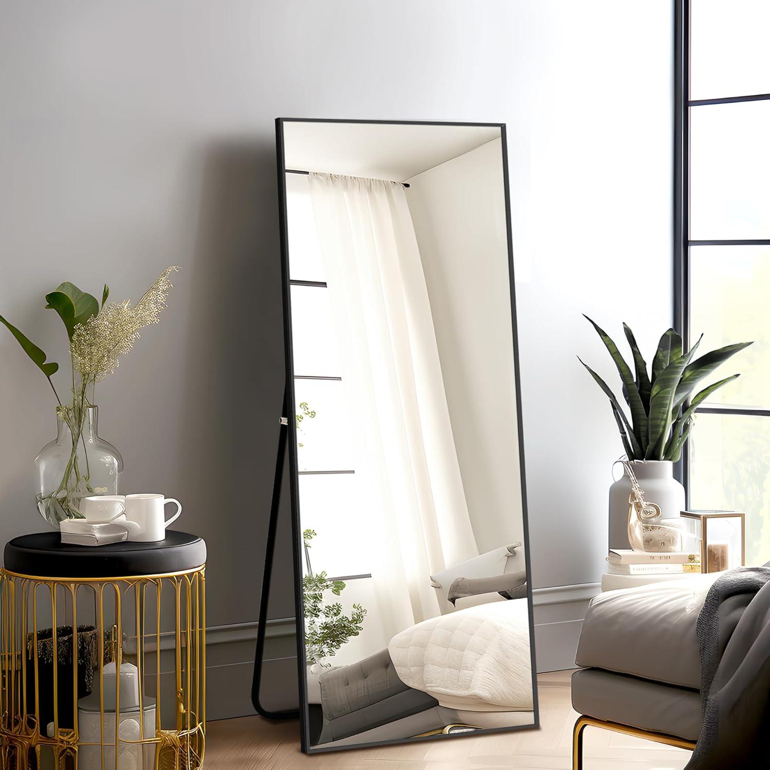 Black Aluminum Full Length Rectangular Mirror with Stand