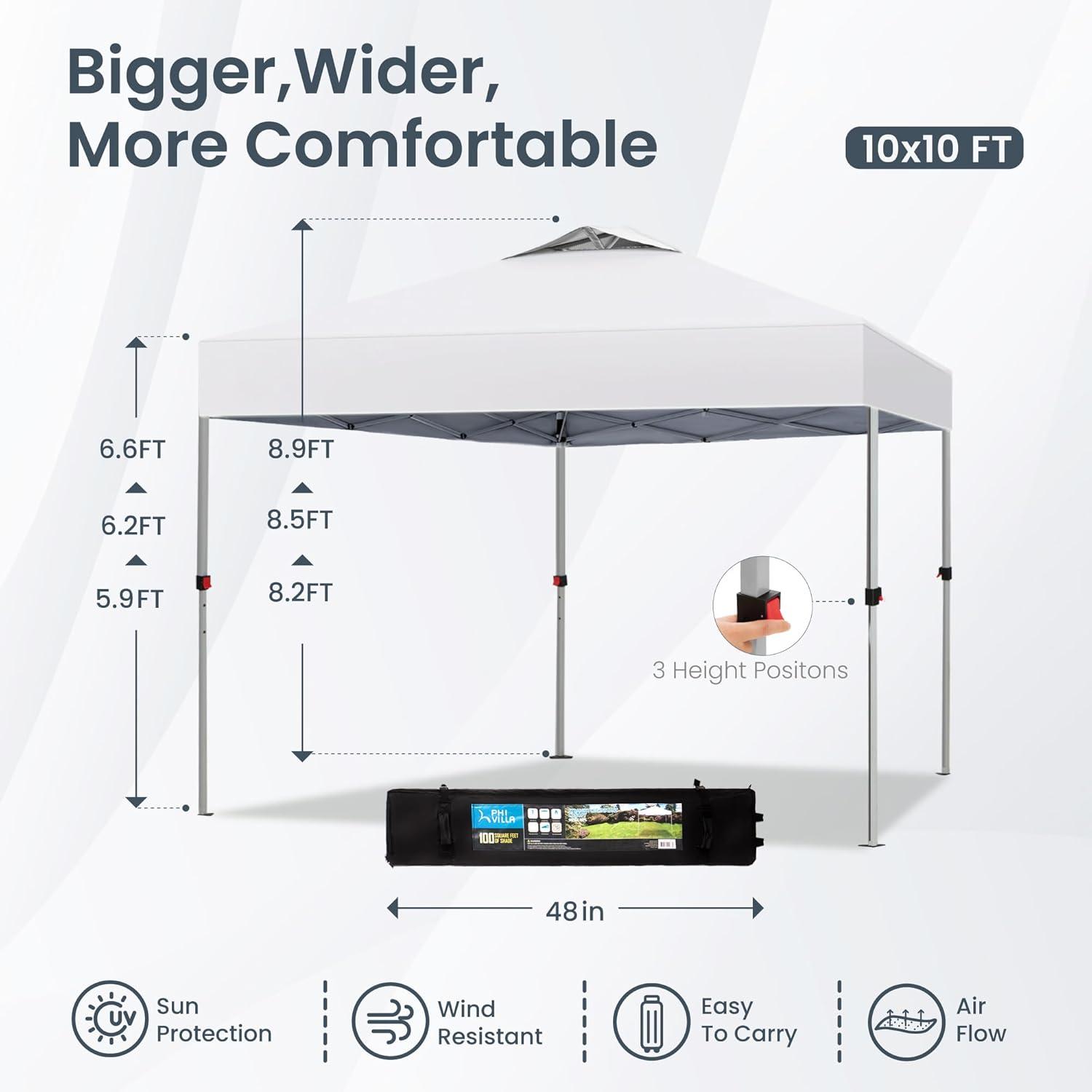 White 10x10 Adjustable Height Pop-Up Canopy Tent with Wheeled Bag