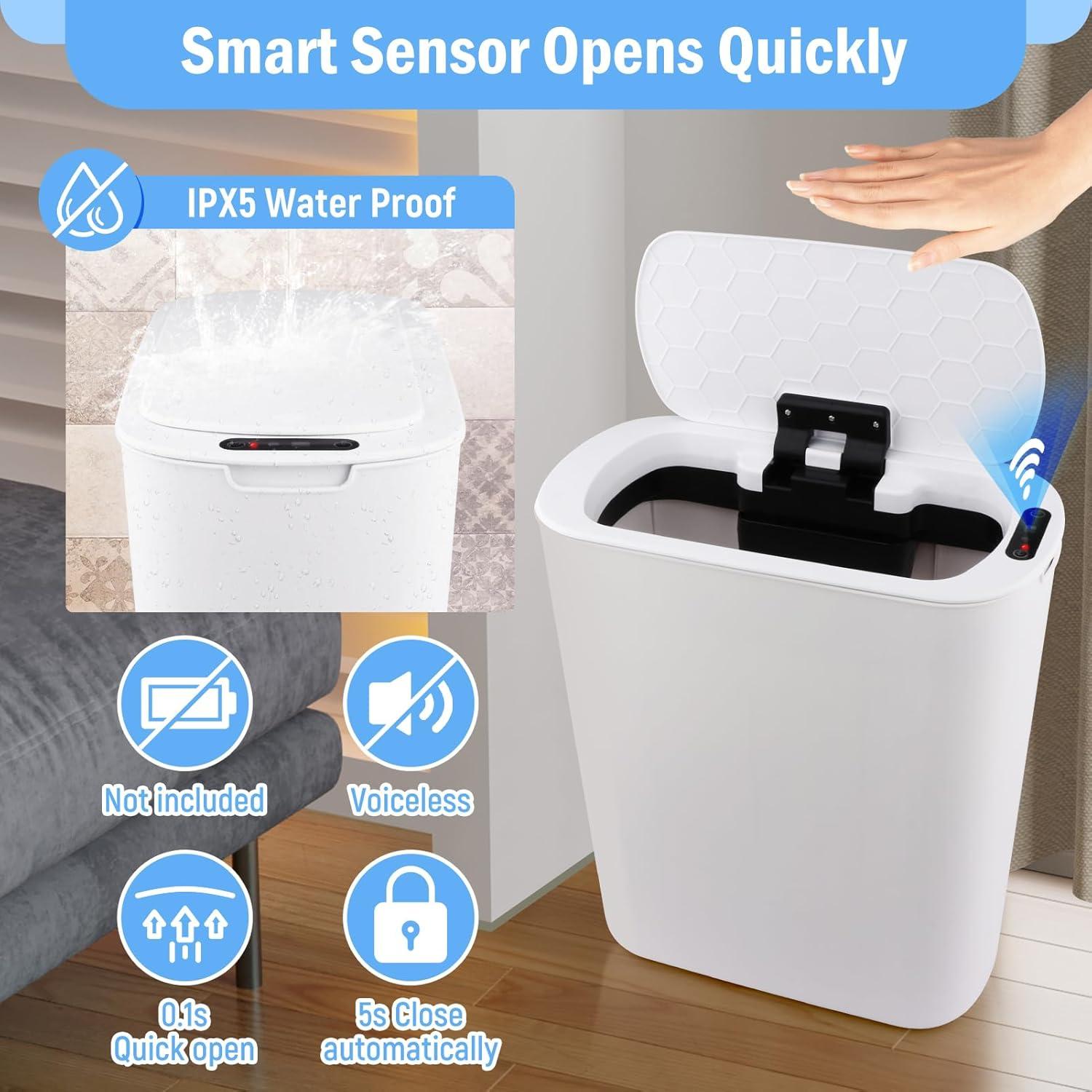 Bathroom Trash Can Automatic Touchless - Motion Sensor Garbage Can with Sealing Lid, 5.28 Gallon Smart Waterproof Plastic Slim Dustbin for Restroom, White