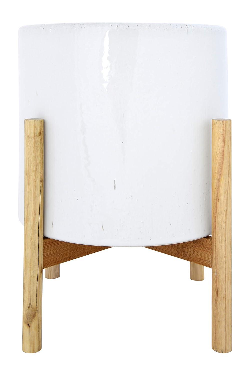 Creative Co-Op Round Stoneware Planter on Wood Holder (Set of 2 Pieces/Holds 10" Pot)