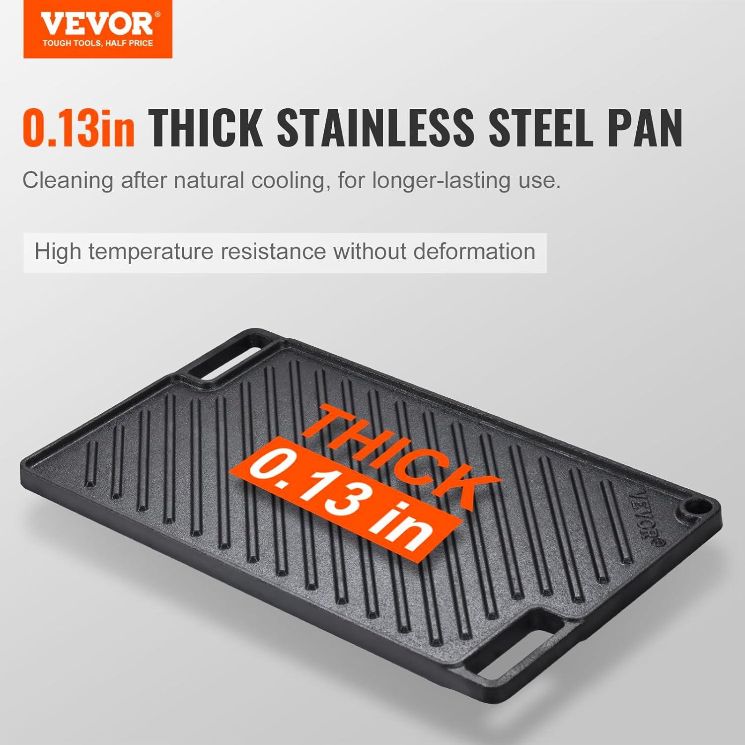 VEVOR Reversible Grill/Griddle, 14x8.5 inch Pre-Seasoned Cast Iron Griddle, Portable Rectangular Pan with Handle, Family Cookware for Indoor/Outdoor Stove Top Burner, Gas, Camping BBQ, Black