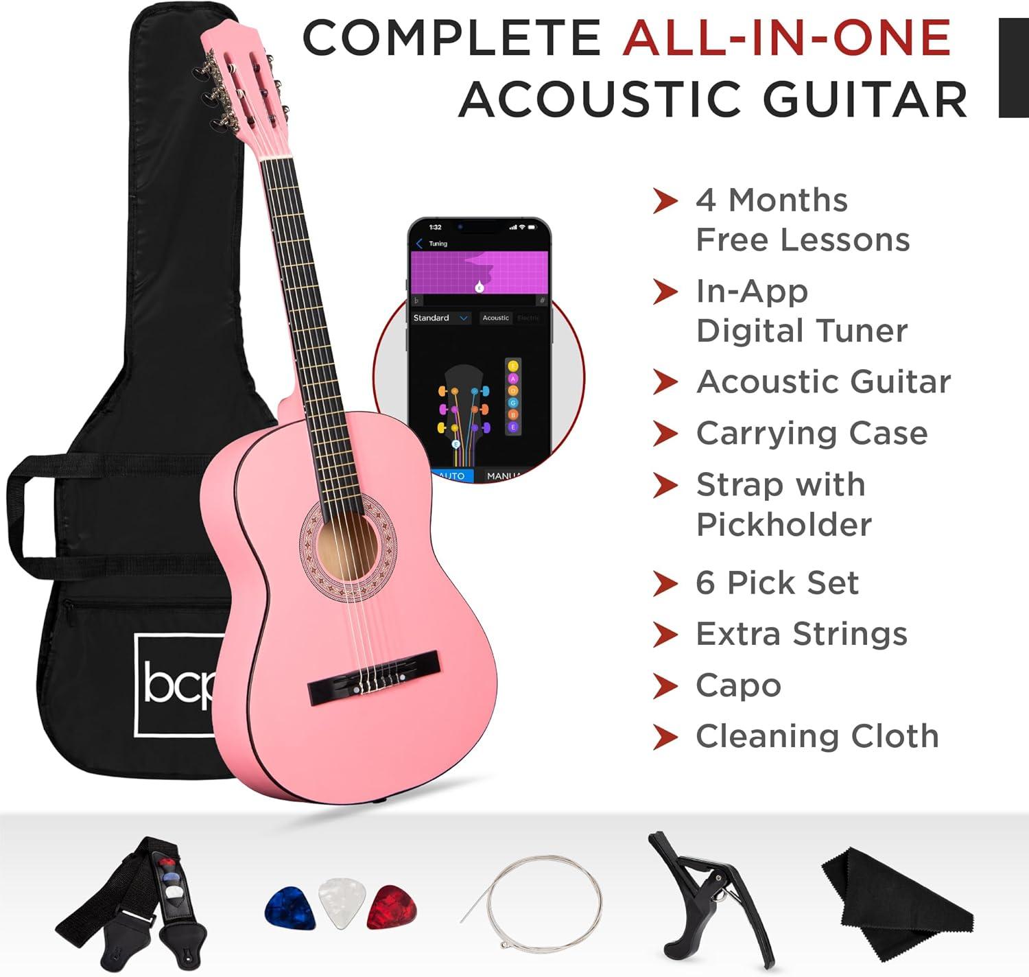 Best Choice Products 38in Beginner Acoustic Guitar Starter Kit w/ Gig Bag, Strap, Extra Strings - Pink