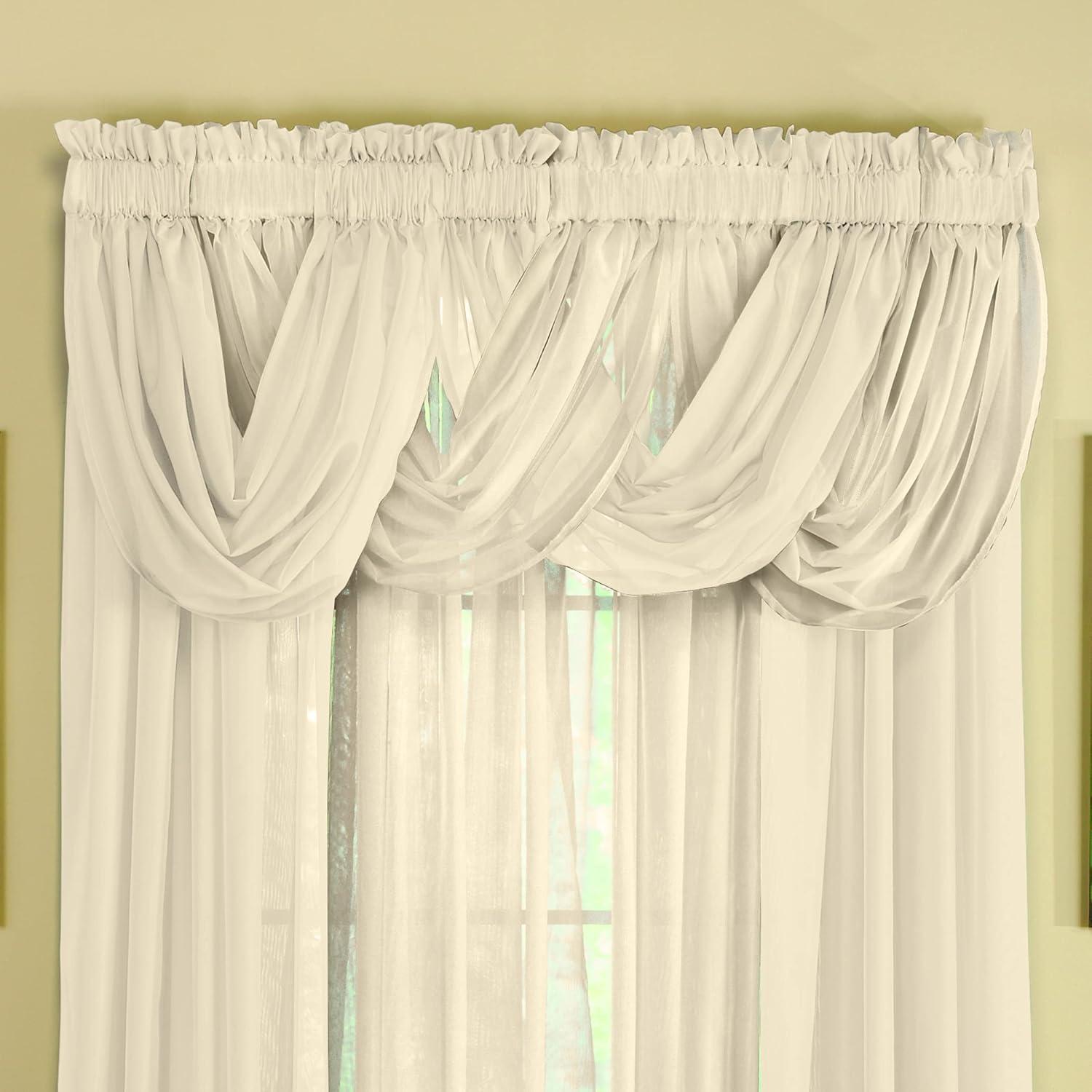 Collections Etc Scoop Two-Piece Rod Pocket Solid-Colored Sheer Valances for Windows, Decorative Accent and Added Privacy for Any Room in Home, Cream