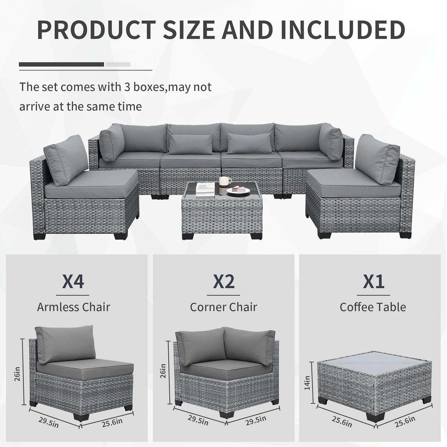 Valita 7 Piece Outdoor PE Wicker Furniture Set, Patio Gray Rattan Sectional Sofa Couch with Washable Grey Cushions
