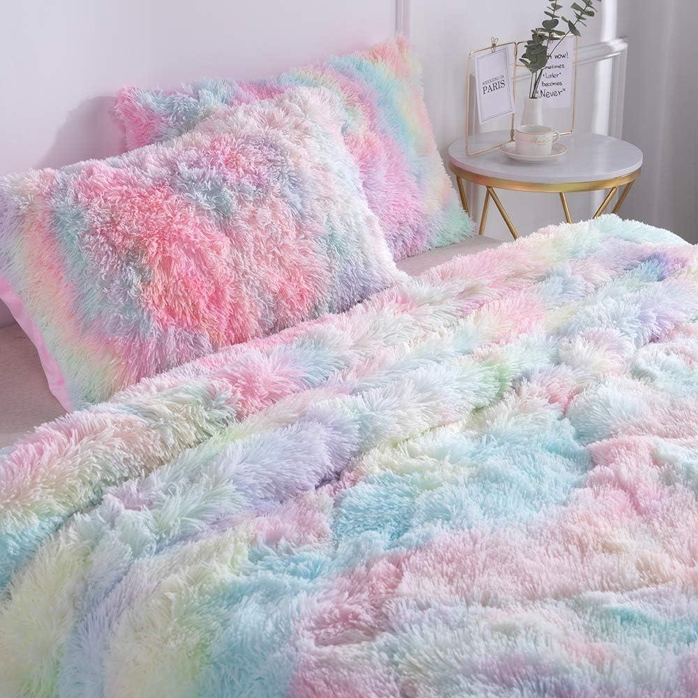 Full Size Rainbow Faux Fur Comforter Set