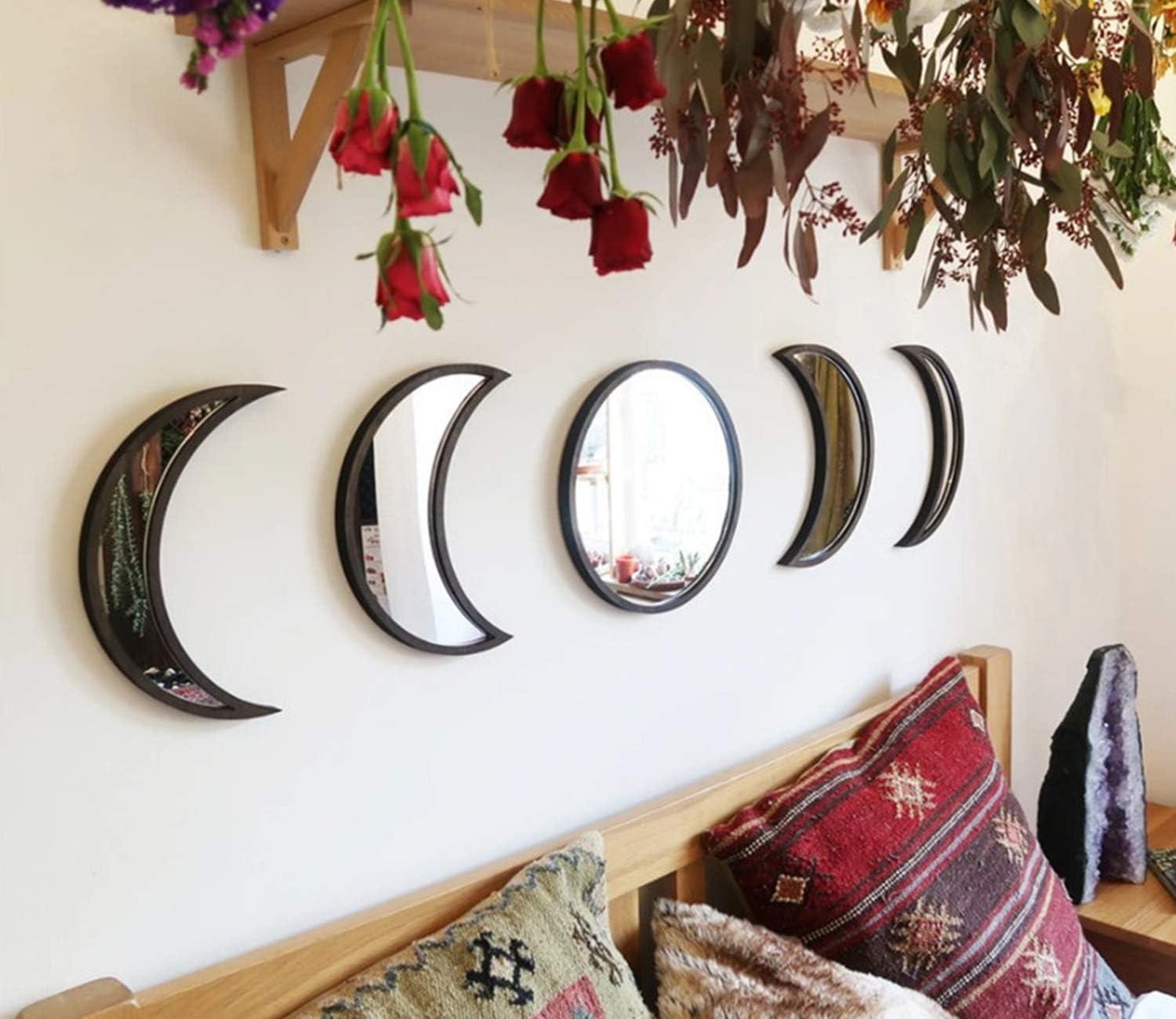 YUBAIHUI Moon Phase Mirror Set, 5pcs Boho Moon Wall Decor for Home Bohemian Bedroom Decoration Living Room Decor, Acrylic Mirror,Not Real Mirror