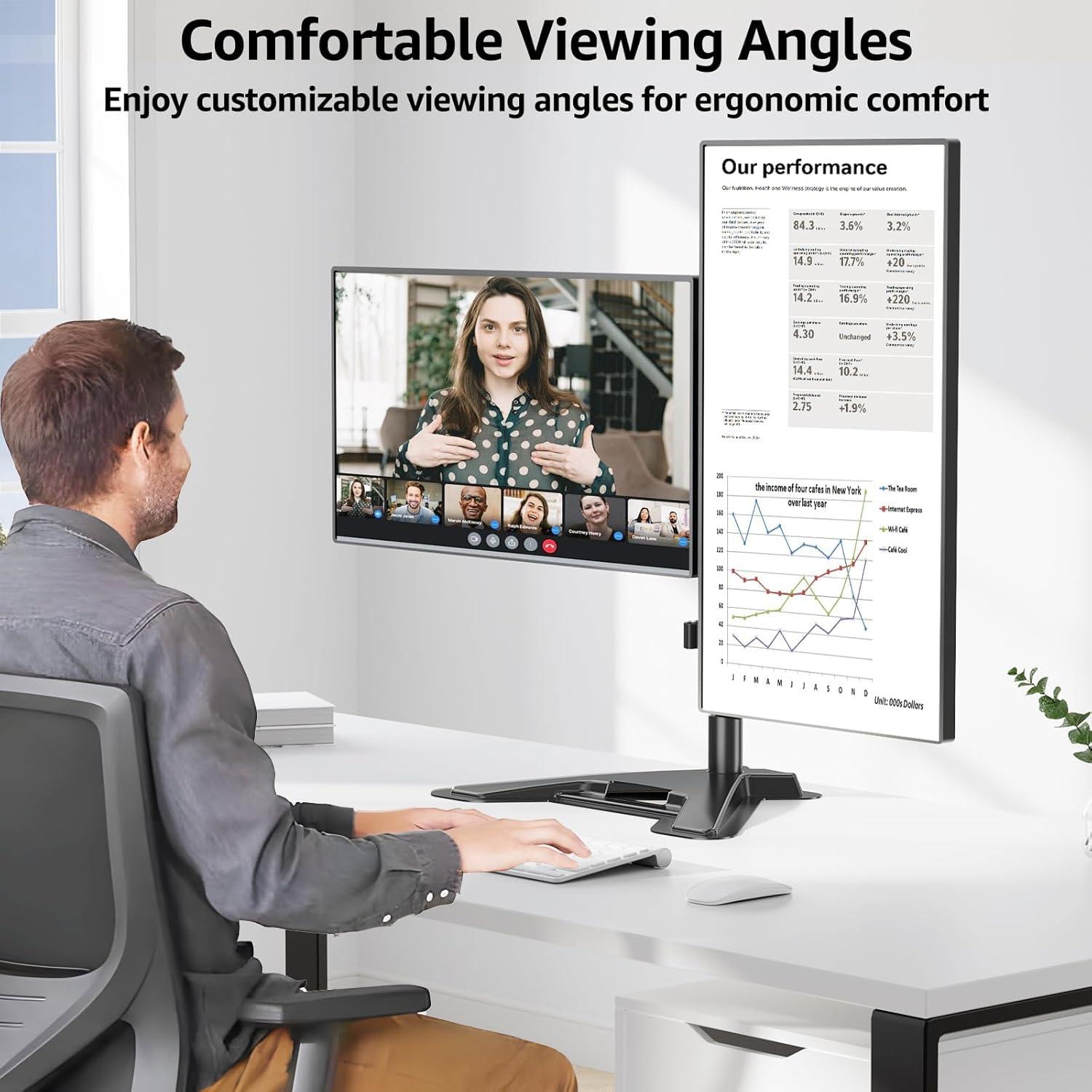 MOUNTUP Dual Monitor Stand - Freestanding & Height Adjustable Monitor Desk Mount, Steady VESA Mount Holds Max 17.6 lbs, Computer Monitor Stand for 2 Screens up to 27 inches, MU1002