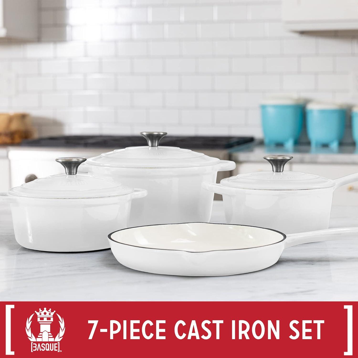 Basque Enameled Cast Iron Cookware Set, 7-Piece Set, Nonstick, Oven Safe