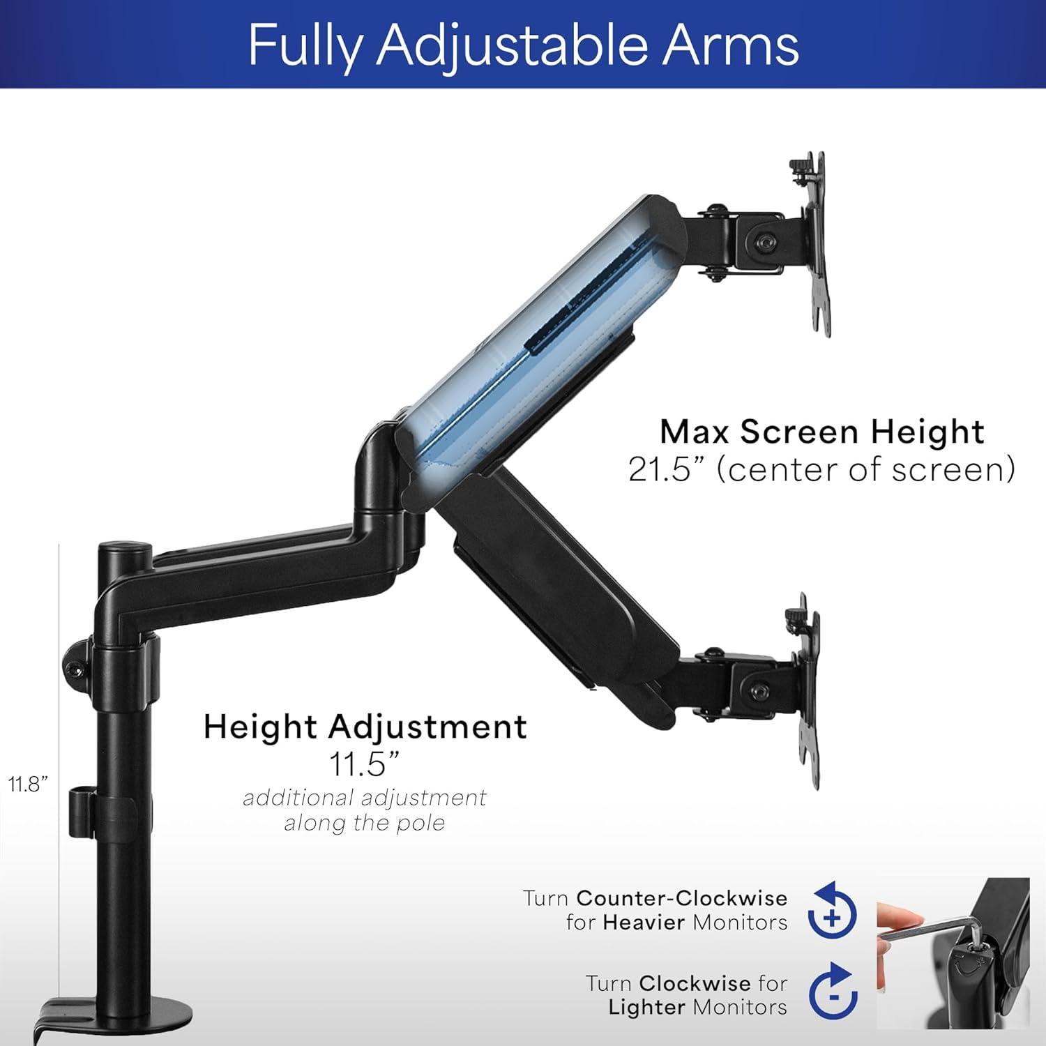 Black Adjustable Dual Arm Steel Desk Mount for 17"-32" Monitors