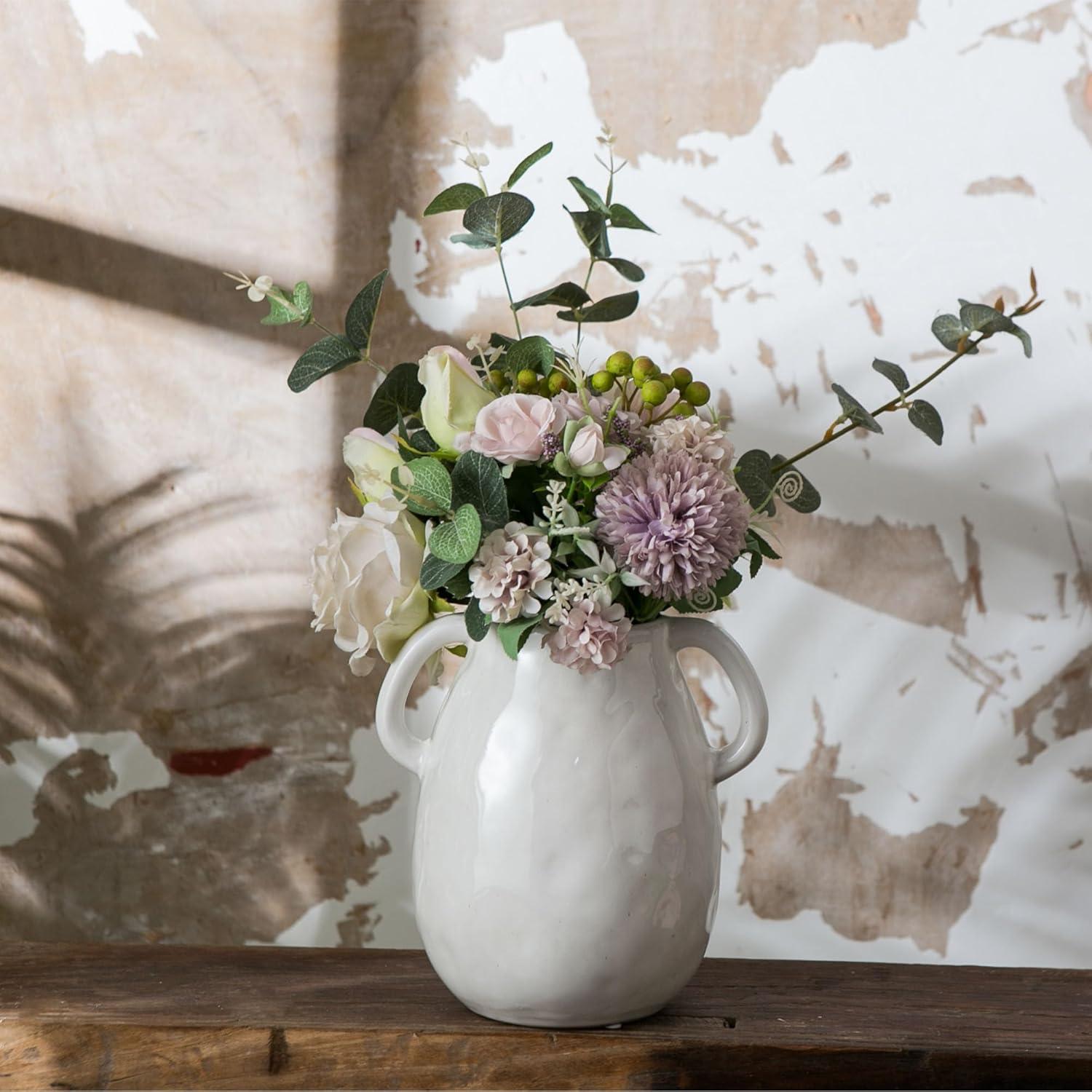 Grey Ceramic Vase with 2 Handles, Modern Farmhouse Vase for Home Decor, Rustic Terracotta Vase, Decorative Pottery Flower Vase, Clay Samll Vase, Centerpieces for Dining Table - 7 Inch Tall