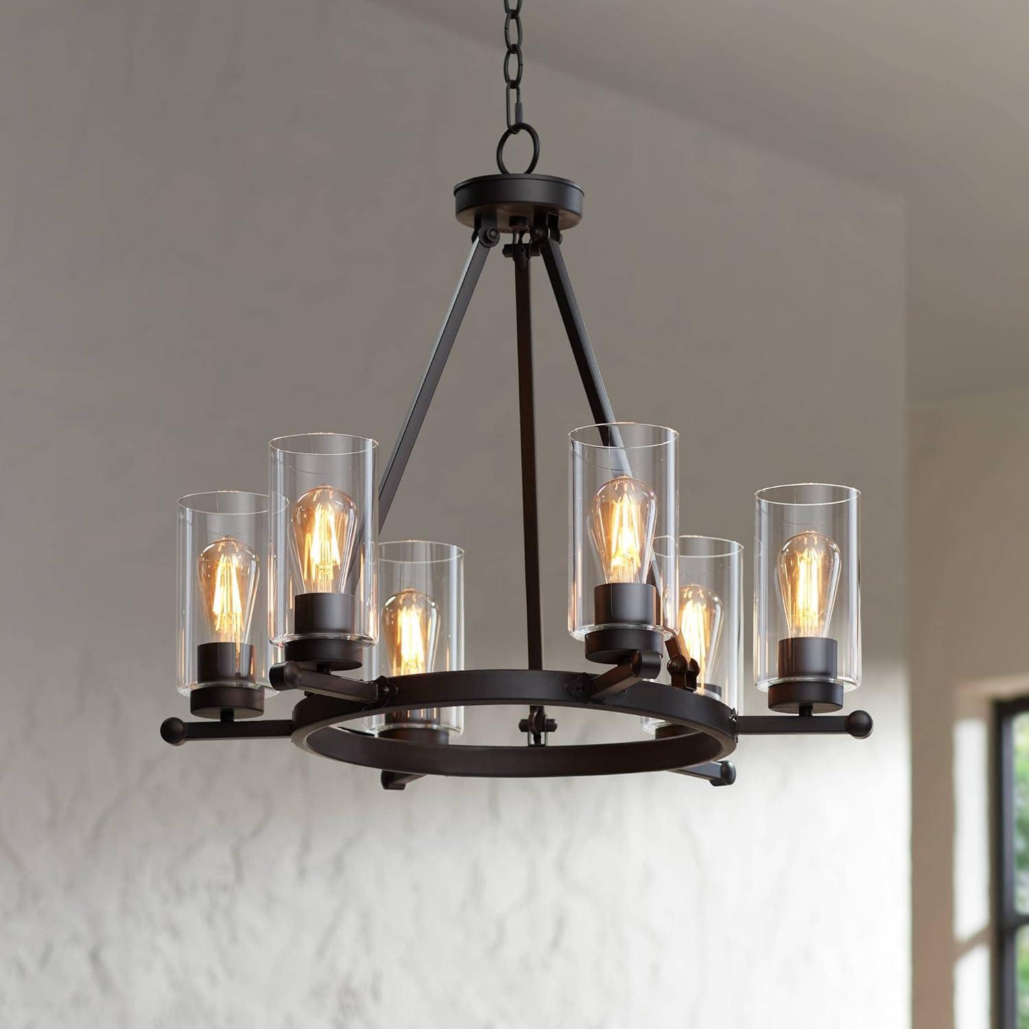 Franklin Iron Works Holman Bronze Wagon Wheel Chandelier 26 3/4" Wide Rustic Farmhouse Clear Glass 6-Light Fixture for Dining Room Kitchen Island Home