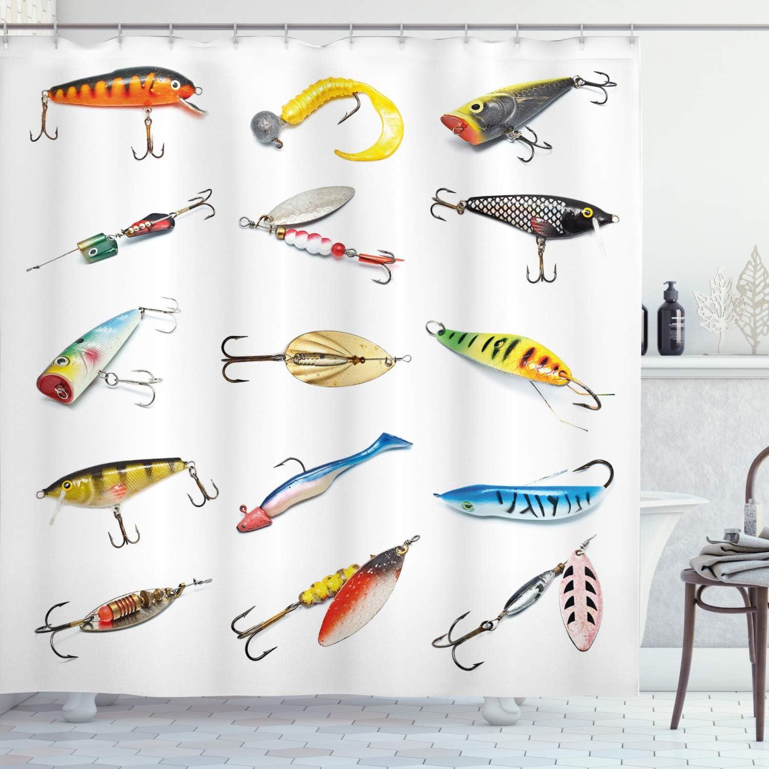 Multicolor Fishing Lure Fabric Shower Curtain with Hooks