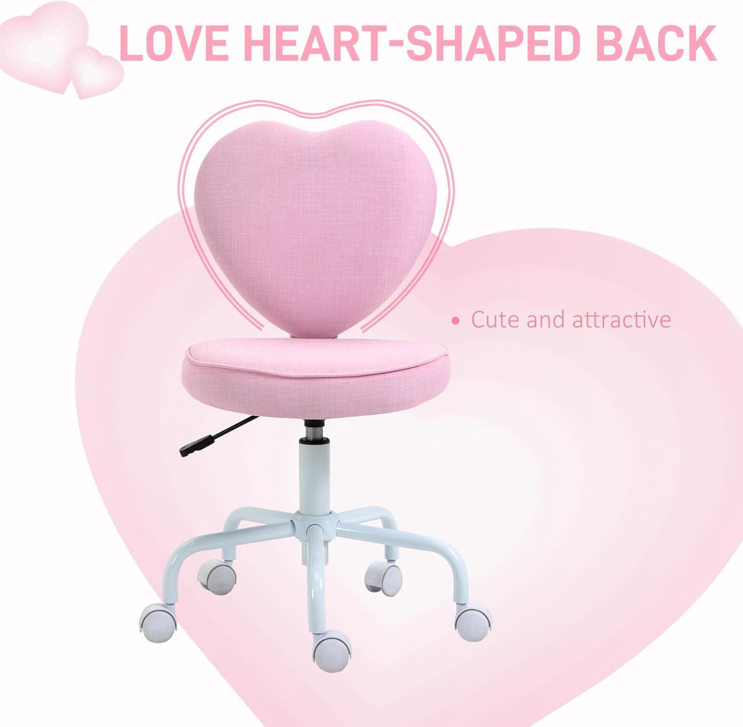 HOMCOM Heart Love Shaped Back Design Office Chair with Adjustable Height and 360 Swivel Castor Wheels, Pink