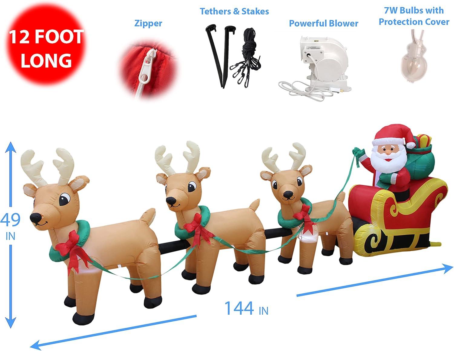 The Holiday Aisle® 12 Foot Long Merry Christmas Lighted Inflatable  Santa Claus on Sleigh with 3 Reindeer Pulled by Reindeer Indoor / Outdoor Happy Holiday Blow Up Yard Garden Decoration & Reviews | Wayfair