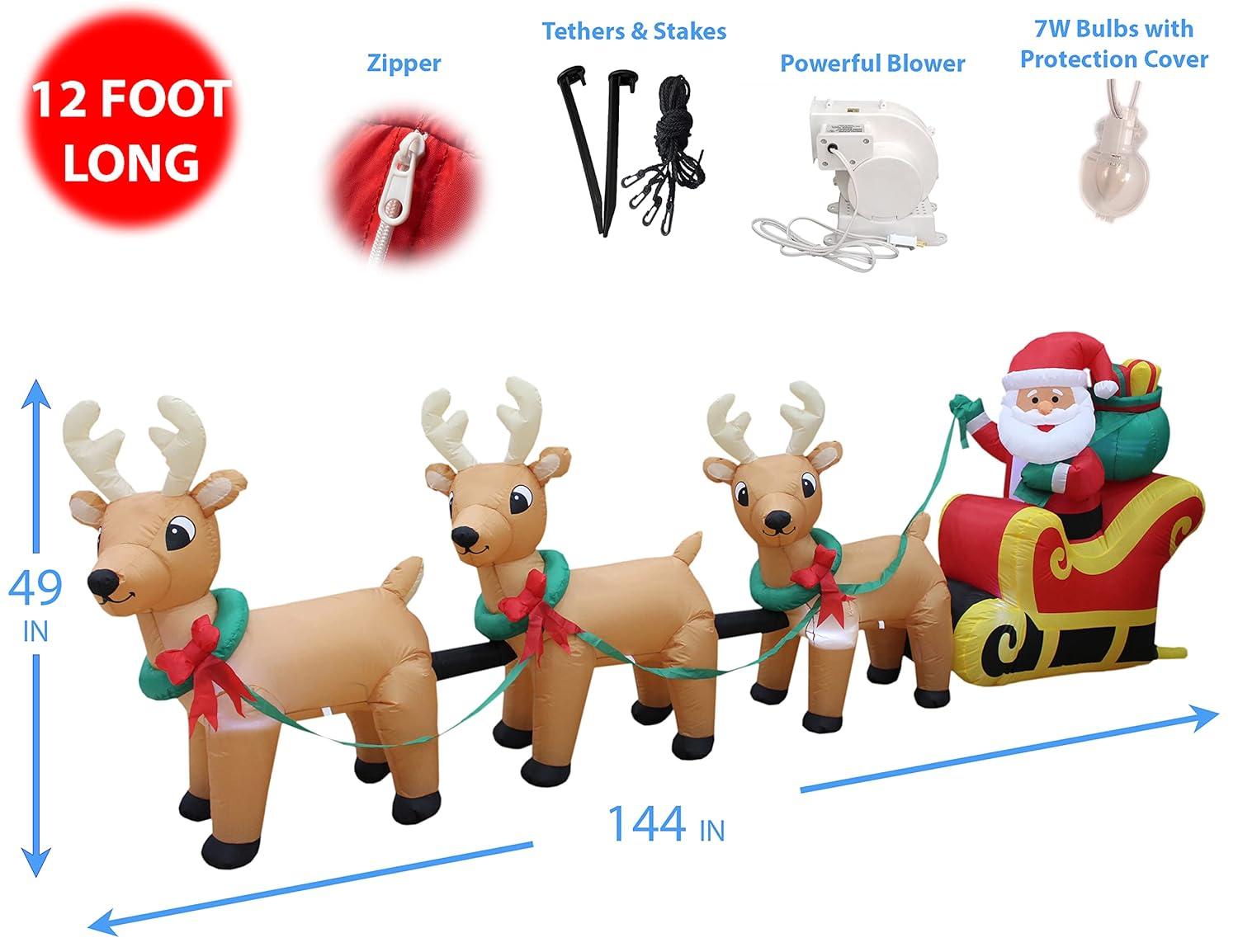 The Holiday Aisle® 12 Foot Long Merry Christmas Lighted Inflatable  Santa Claus on Sleigh with 3 Reindeer Pulled by Reindeer Indoor / Outdoor Happy Holiday Blow Up Yard Garden Decoration & Reviews | Wayfair