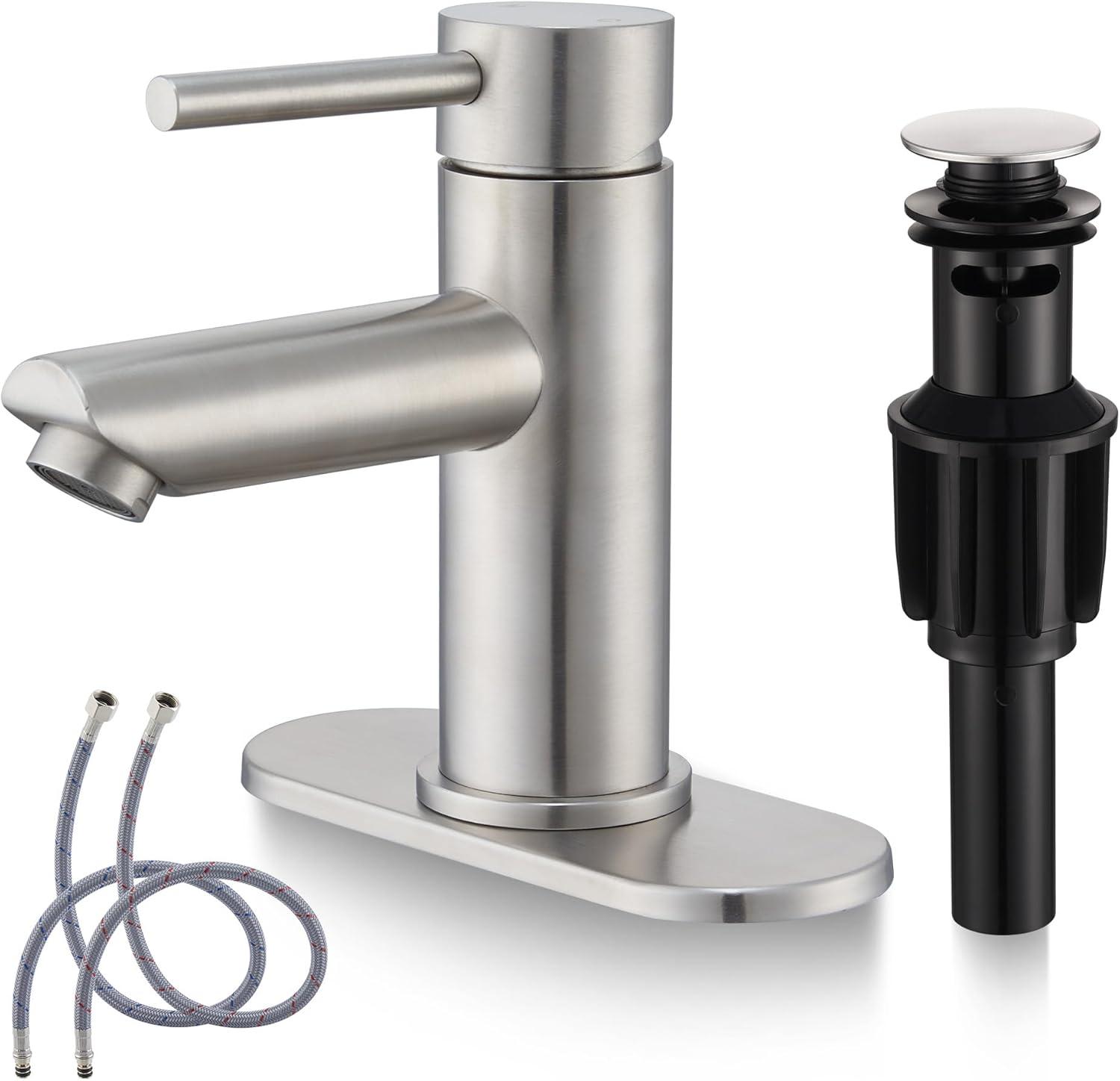 Bathroom Sink Faucet One Hole,Lavatory Tap for Basin,Matte Black Bathroom Sink Faucet with Metal Pop Up Drain Assembly， Bathroom Faucet 1 Hole with 3 Hole Deck Plate