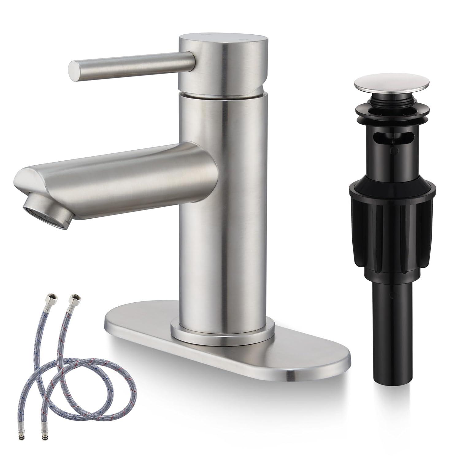 Bathroom Sink Faucet One Hole,Lavatory Tap for Basin,Matte Black Bathroom Sink Faucet with Metal Pop Up Drain Assembly， Bathroom Faucet 1 Hole with 3 Hole Deck Plate
