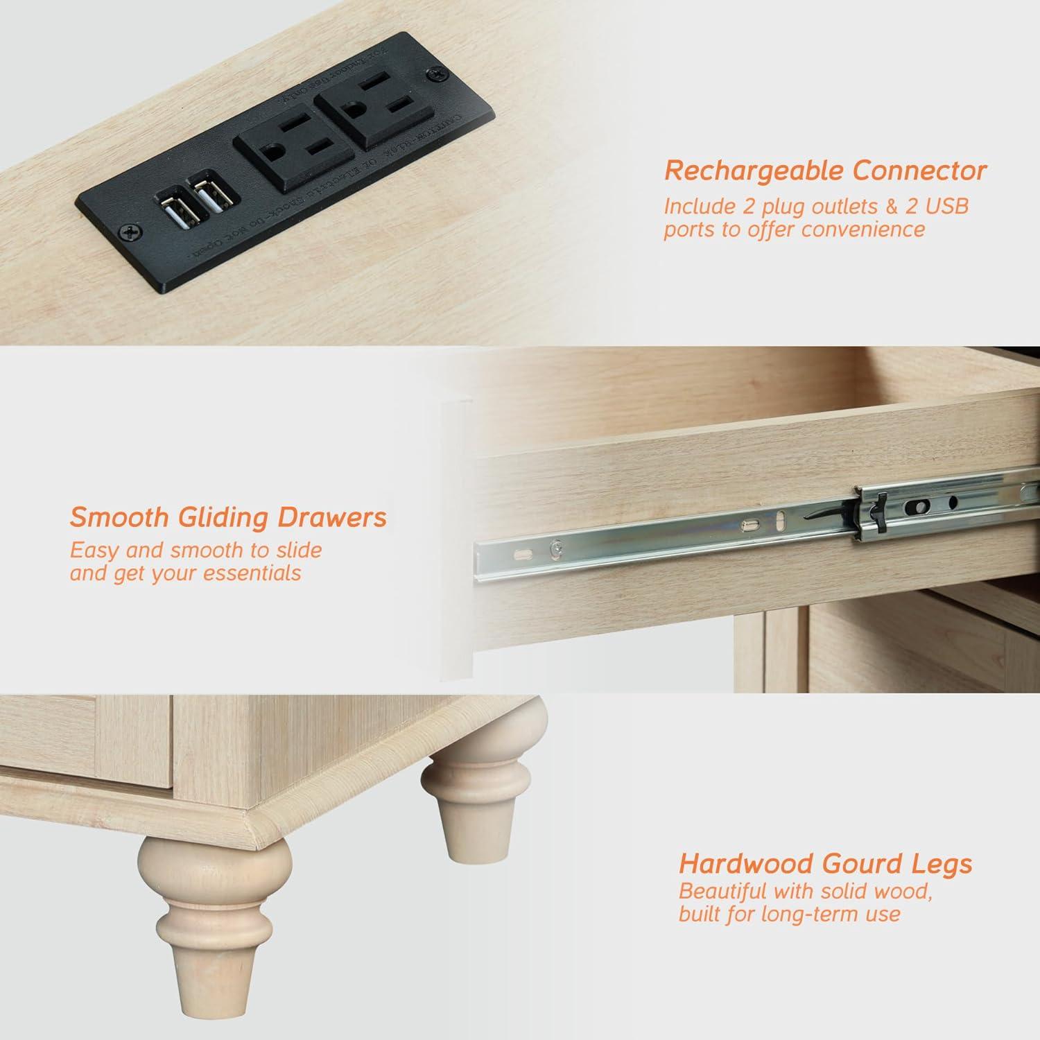 WAMPAT Beige End Table with Charging Station, Narrow Side Table with 1 Drawer &1 Storage Cabinet, Mid Century Modern Nightstand with Power Outlets & USB Ports for Living Room, Bedroom